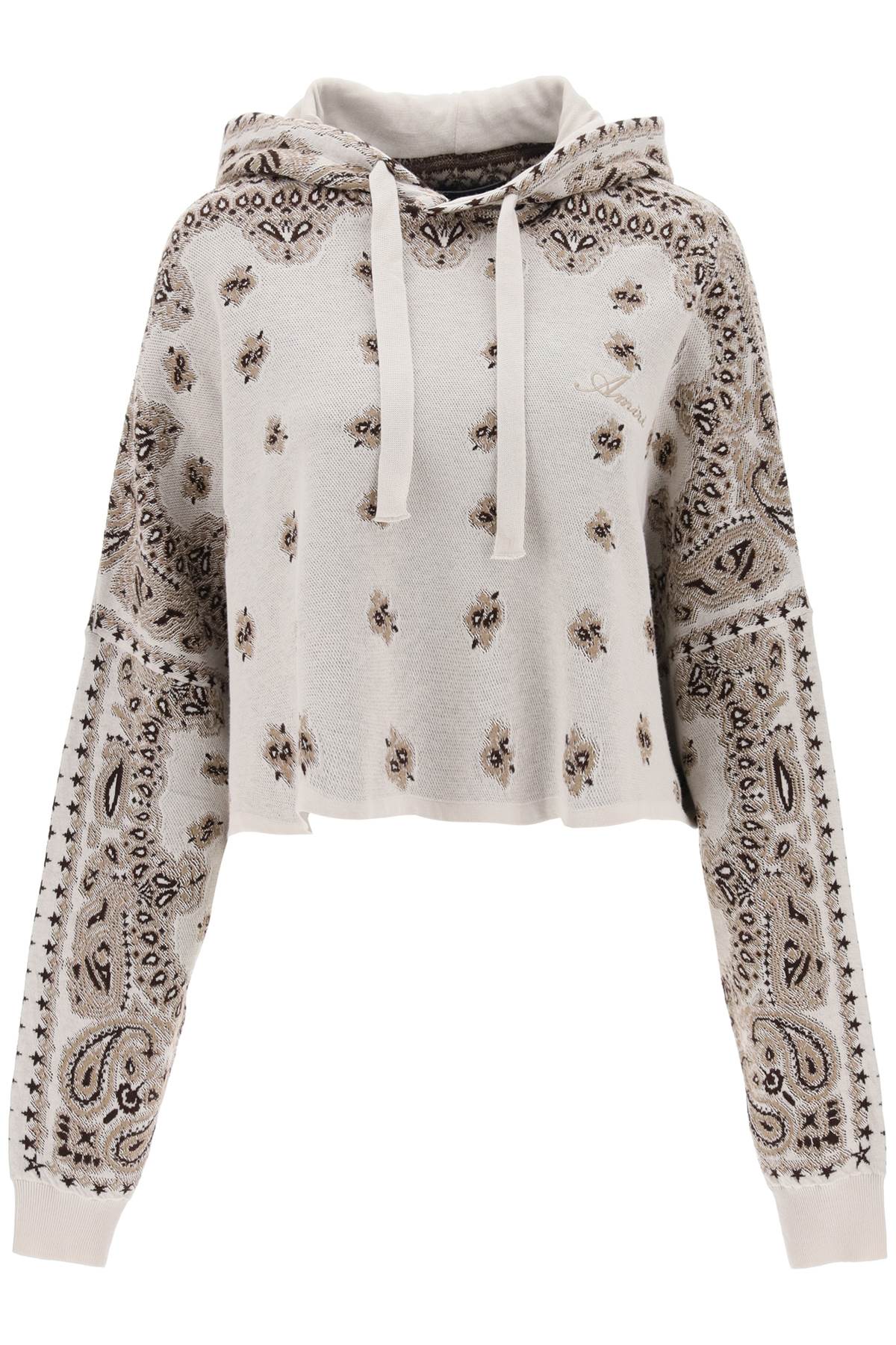 Shop Amiri Knitted Cropped Hoodie With Bandana Motif In Beige