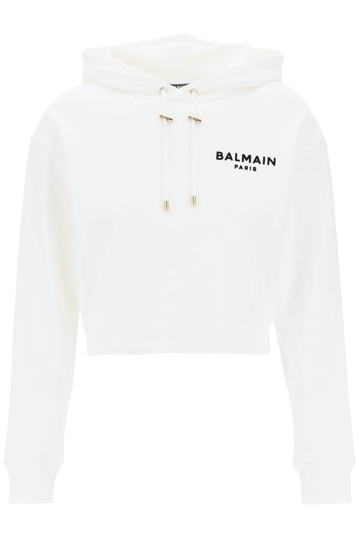 Shop Balmain Cropped Hoodie With Flocked Logo In White