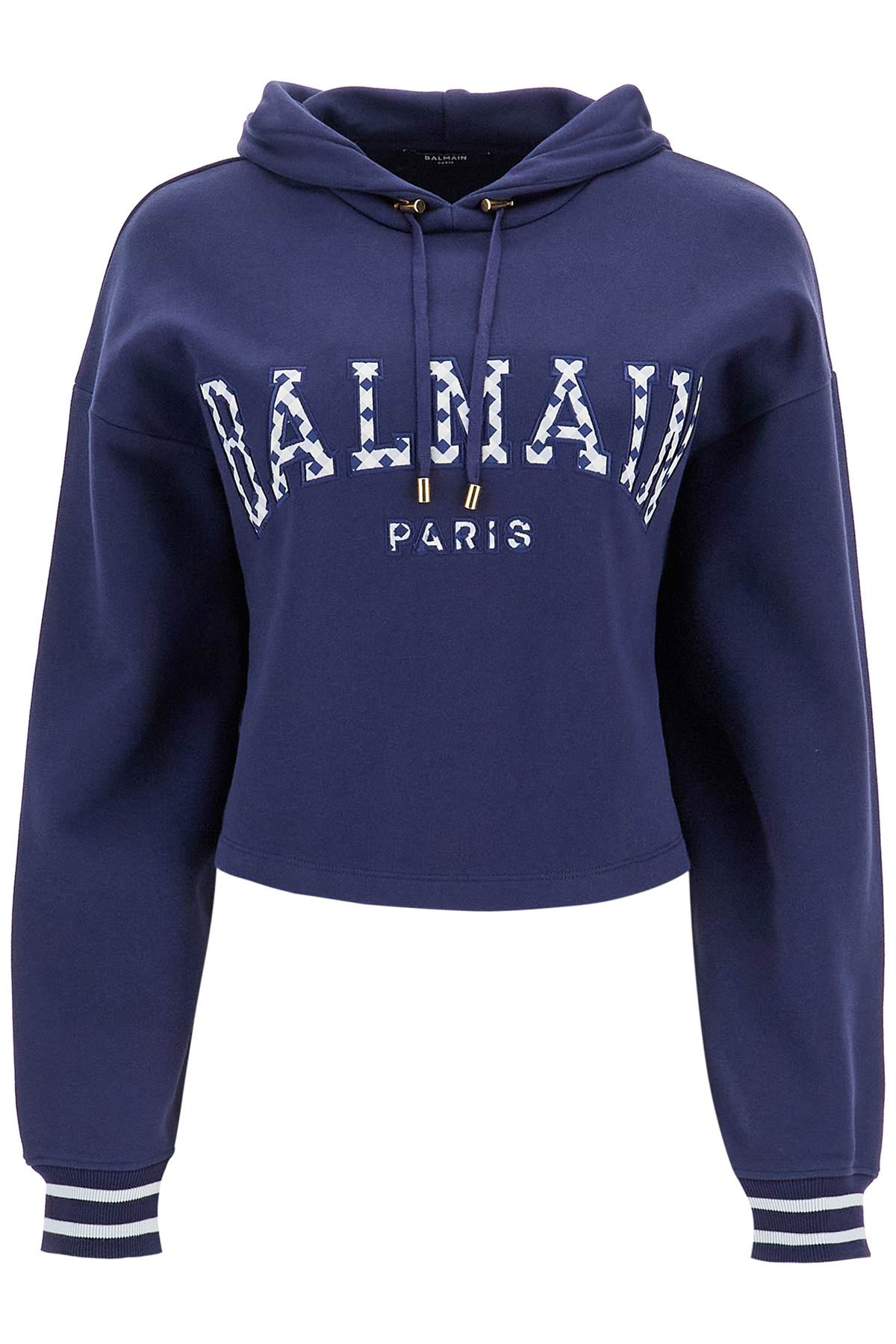 Balmain Vichy Logo Cropped Sweatshirt In Blue