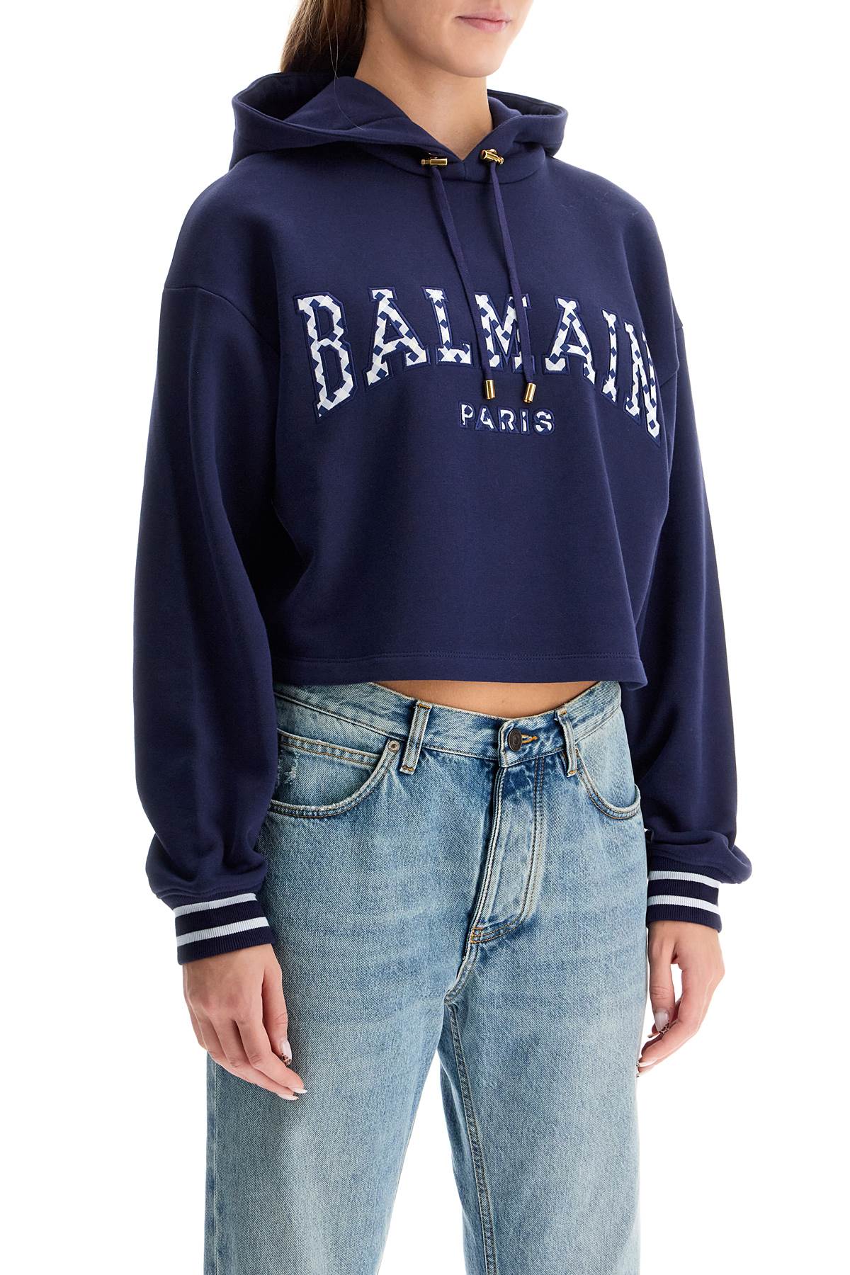 Shop Balmain Vichy Logo Cropped Sweatshirt In Blue