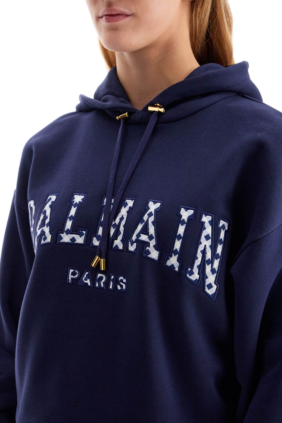 Shop Balmain Vichy Logo Cropped Sweatshirt In Blue