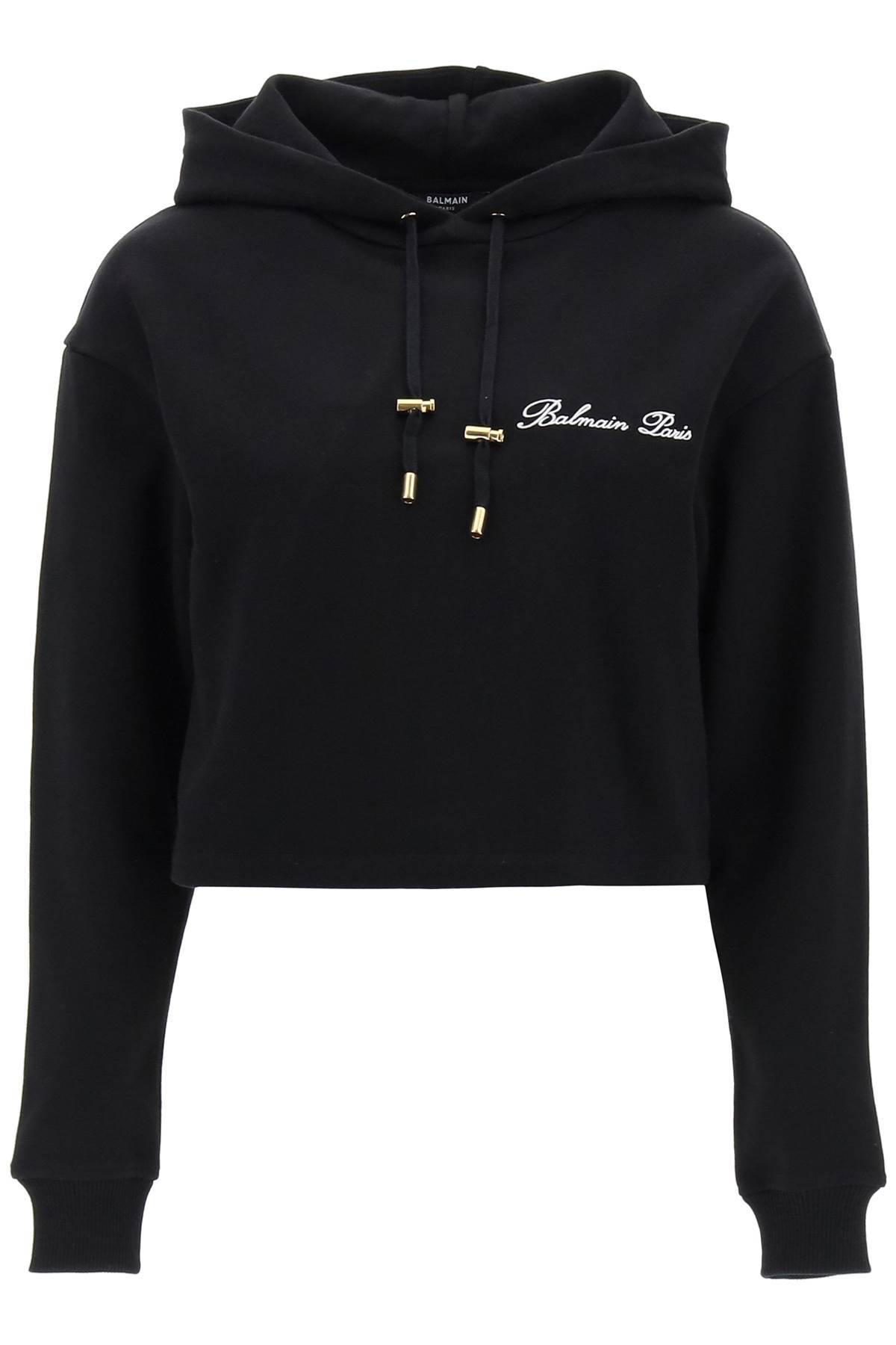 Shop Balmain Cropped Hoodie With Logo Embroidery In Black