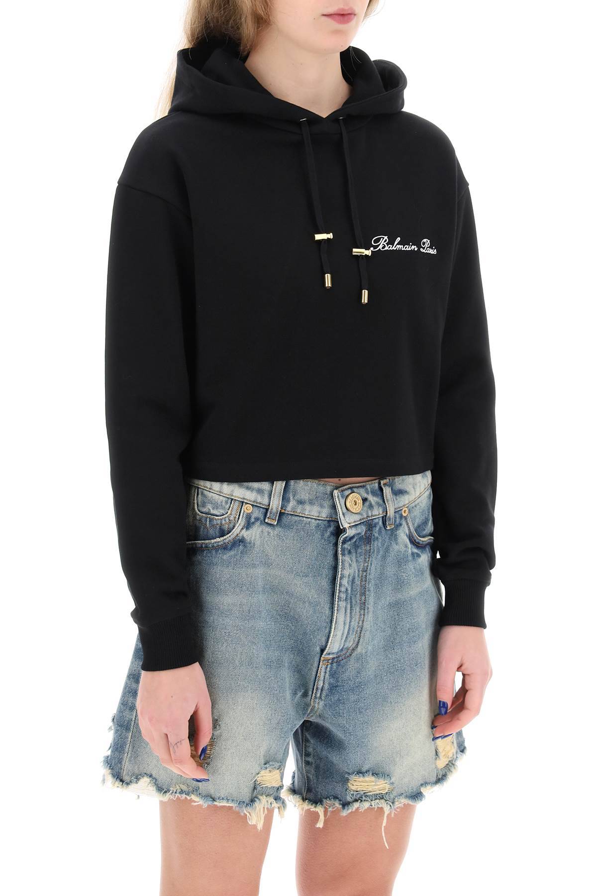 Shop Balmain Cropped Hoodie With Logo Embroidery In Black