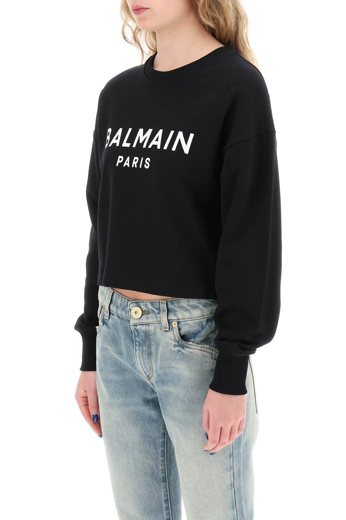 Shop Balmain Cropped Sweatshirt With Flocked Logo In Black