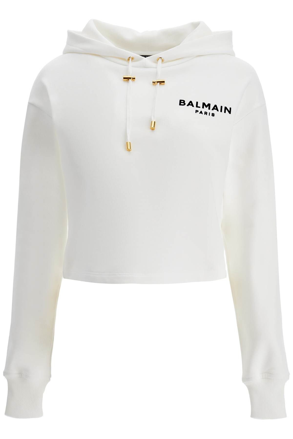 Shop Balmain Cropped Hoodie With Hood. In White