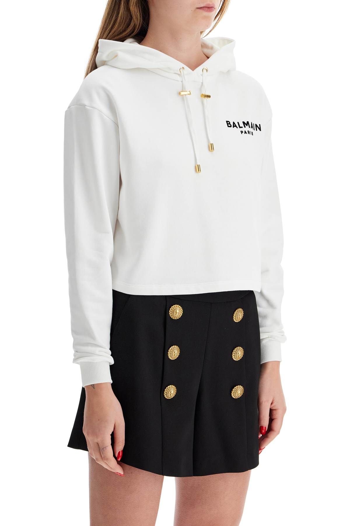 Shop Balmain Cropped Hoodie With Hood. In White