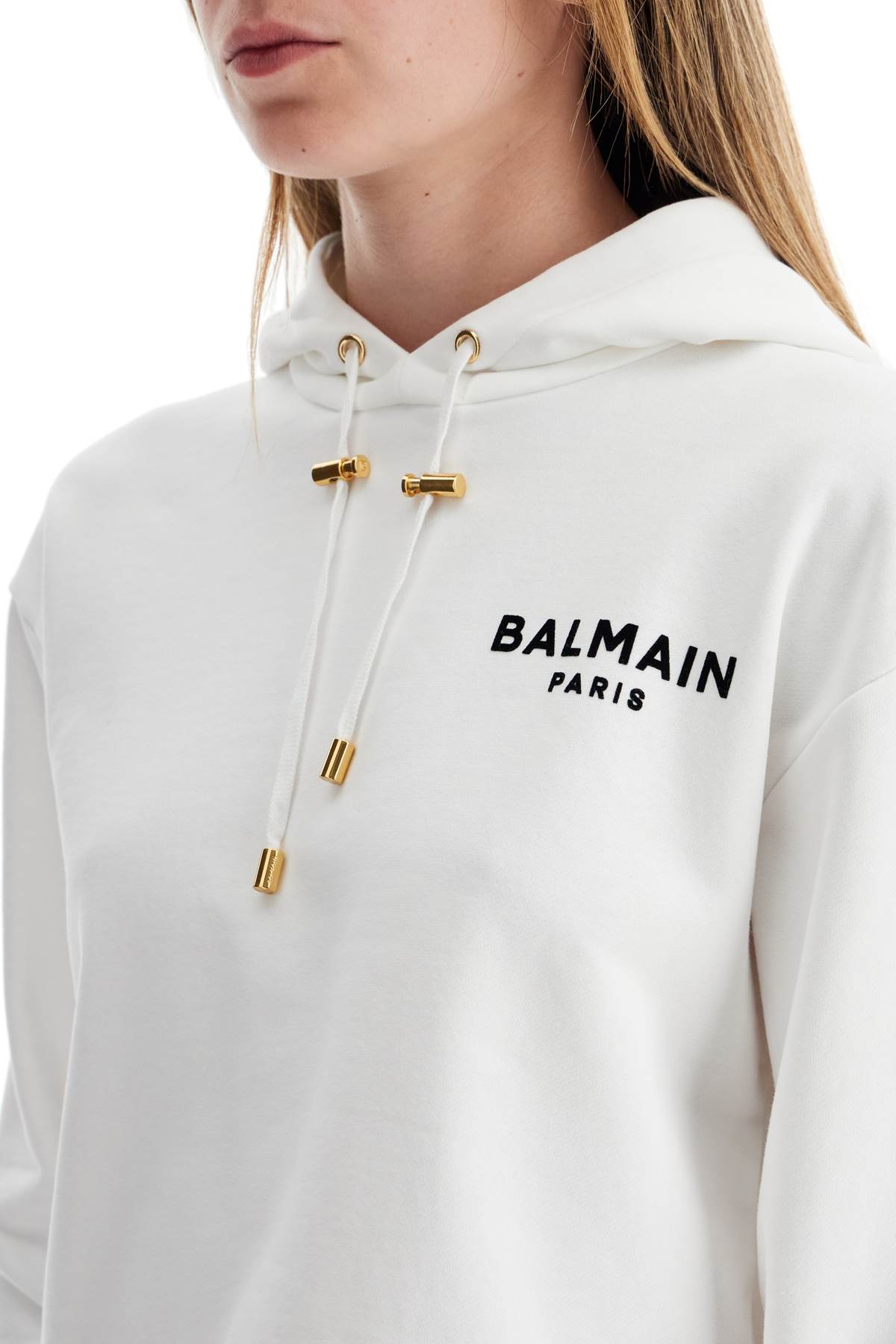 Shop Balmain Cropped Hoodie With Hood. In White