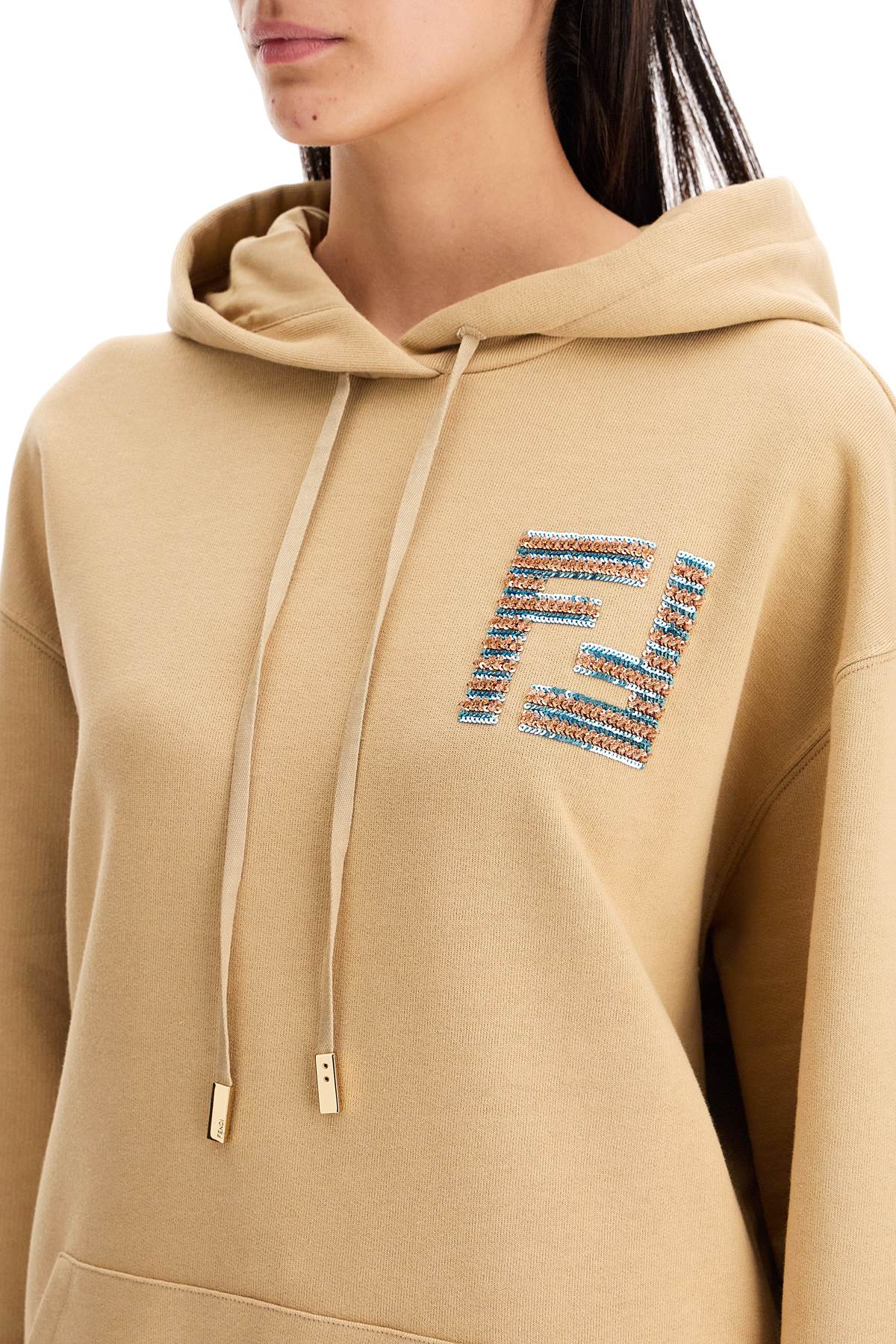 Shop Fendi Oversized Hoodie With Hood In Beige