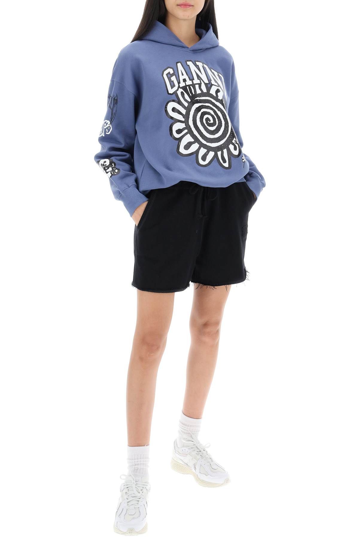 Shop Ganni Hoodie With Graphic Prints In Light Blue
