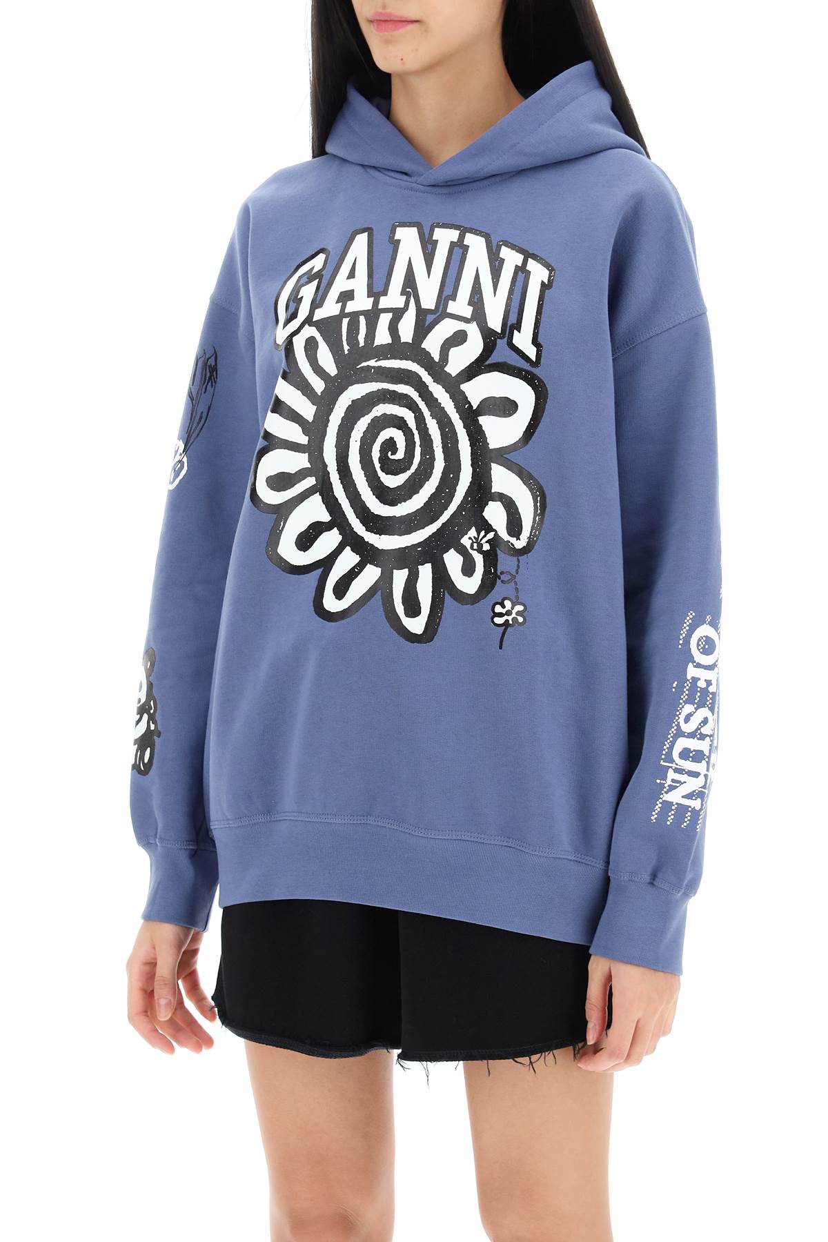 Shop Ganni Hoodie With Graphic Prints In Light Blue