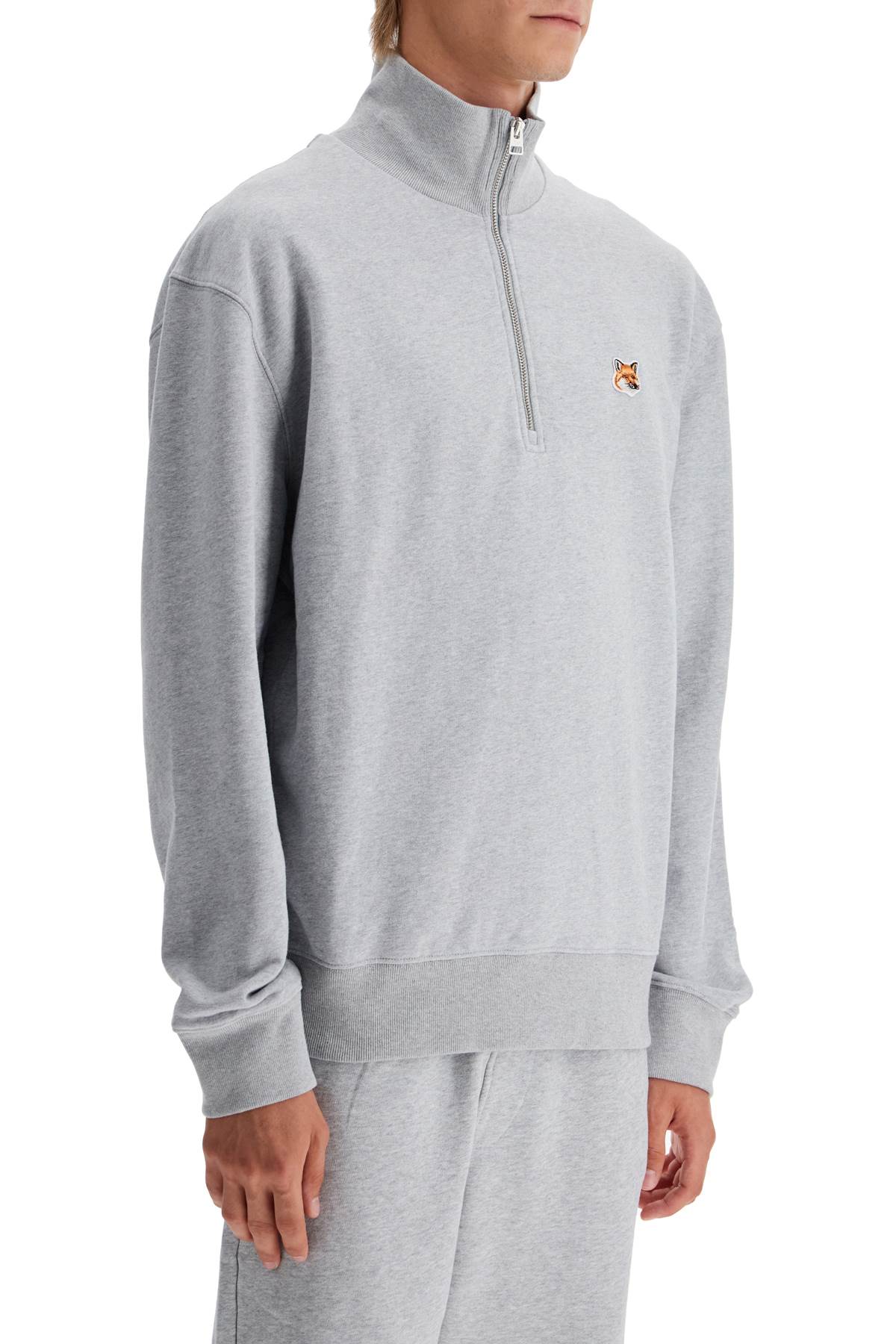 Shop Maison Kitsuné 'half-zip Sweatshirt With Fox Head In Grey