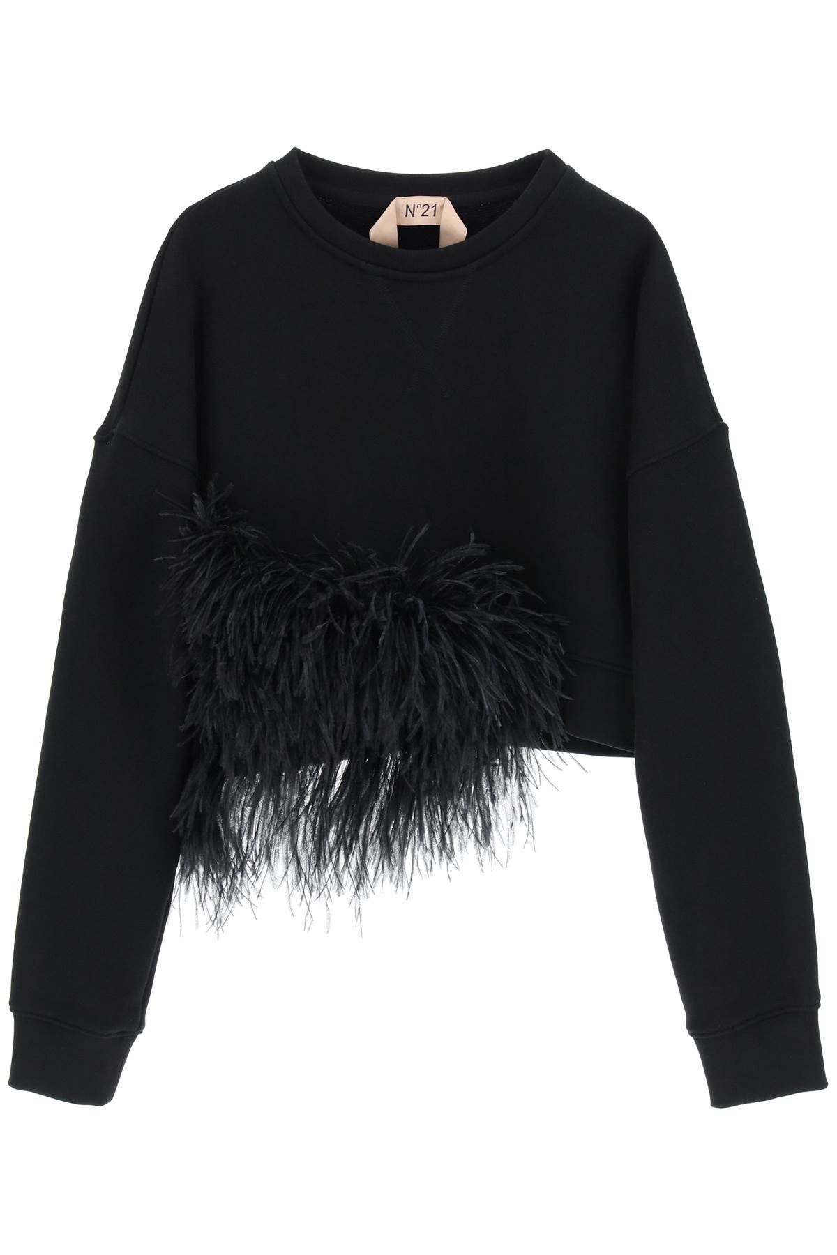 Shop N°21 Cropped Sweatshirt With Feathers In Black