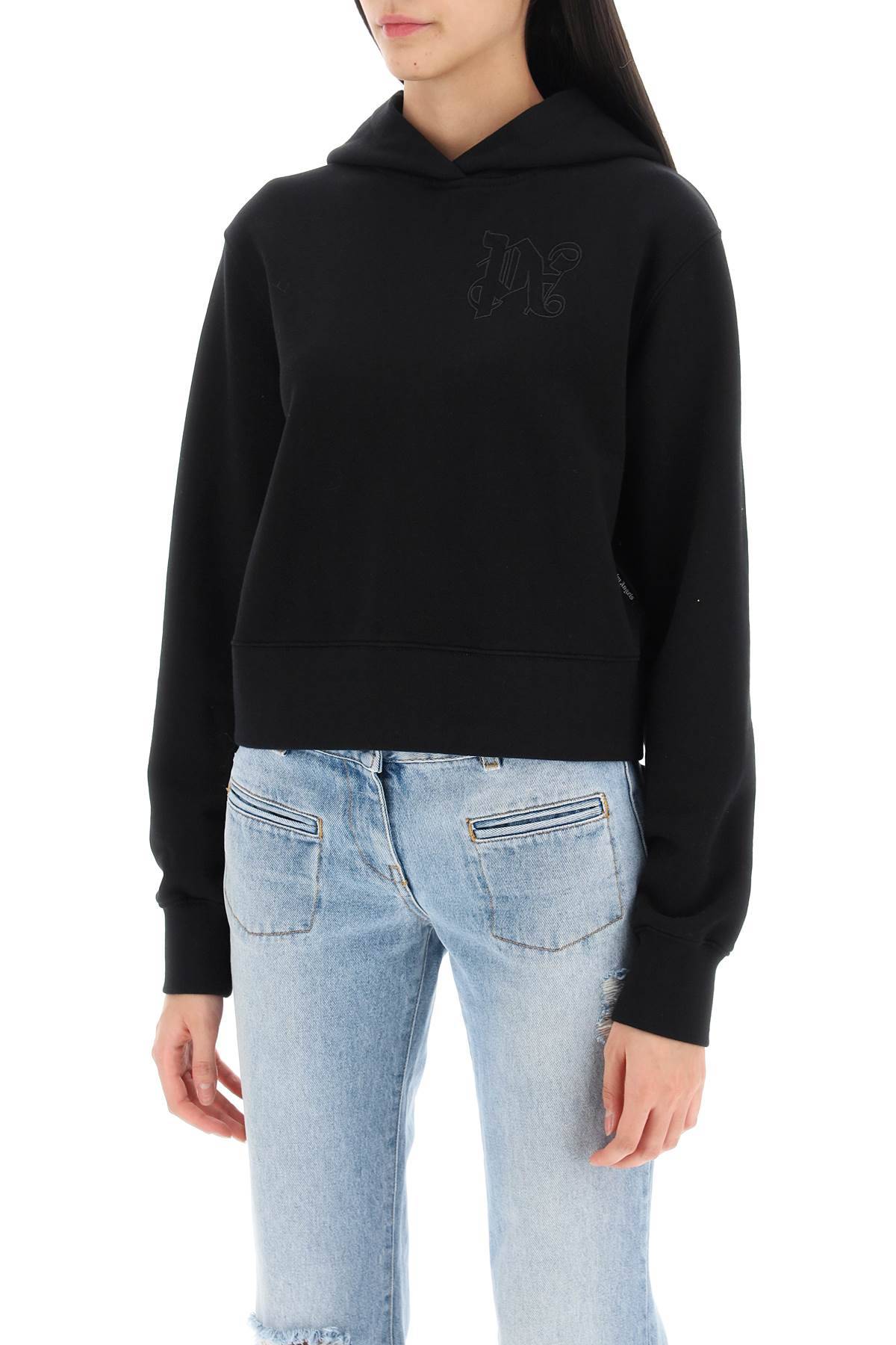 Shop Palm Angels Cropped Hoodie With Monogram Embroidery In Black