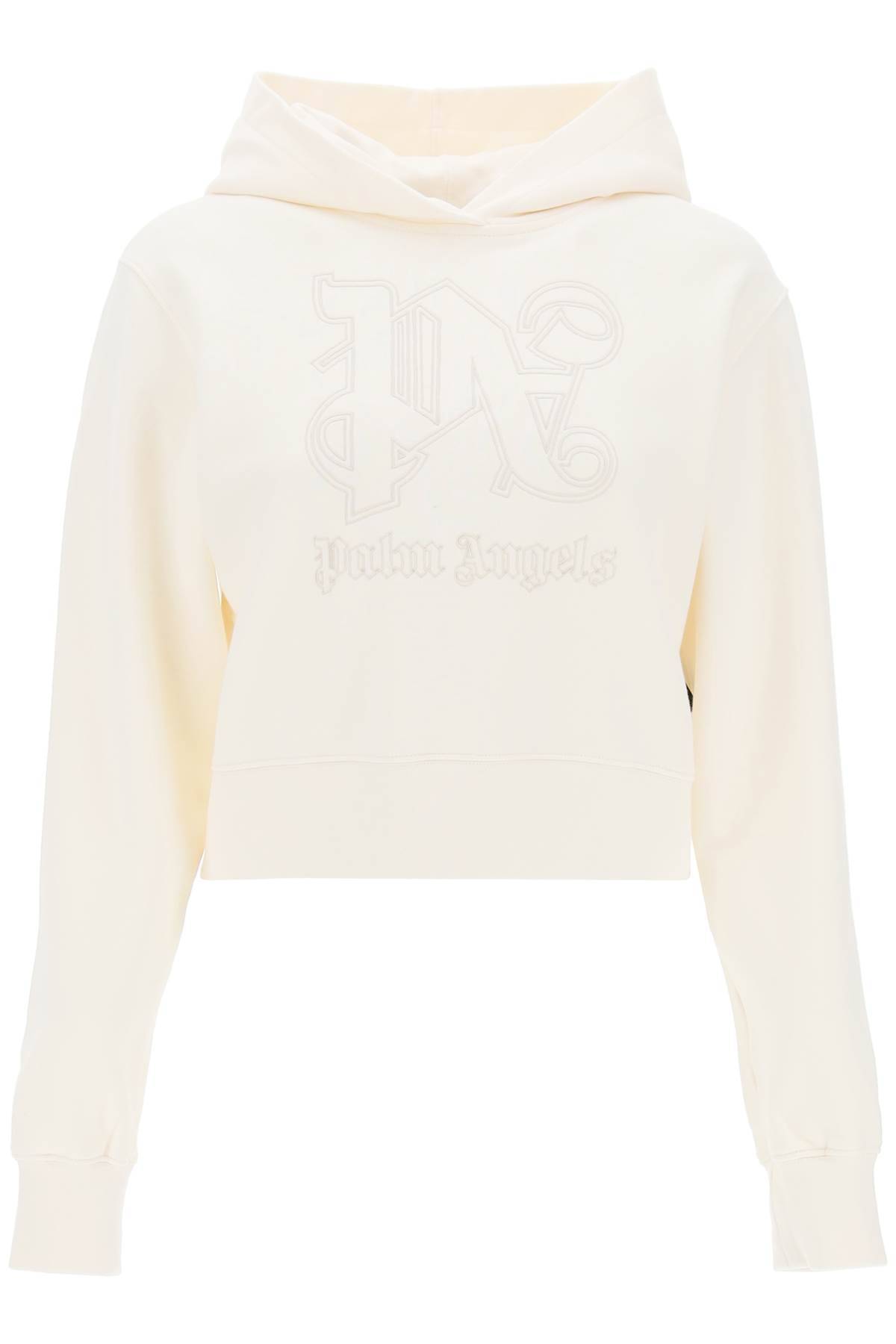 Shop Palm Angels Cropped Hoodie With Monogram Embroidery In White,neutro