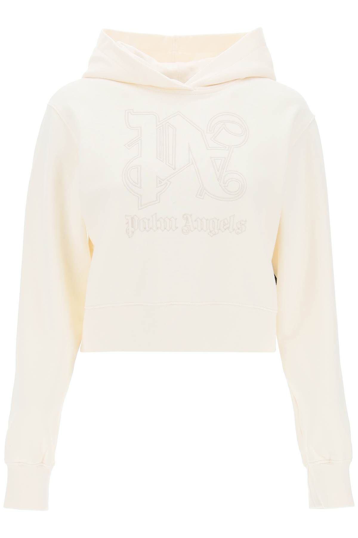Shop Palm Angels Cropped Hoodie With Monogram Embroidery In White,neutro