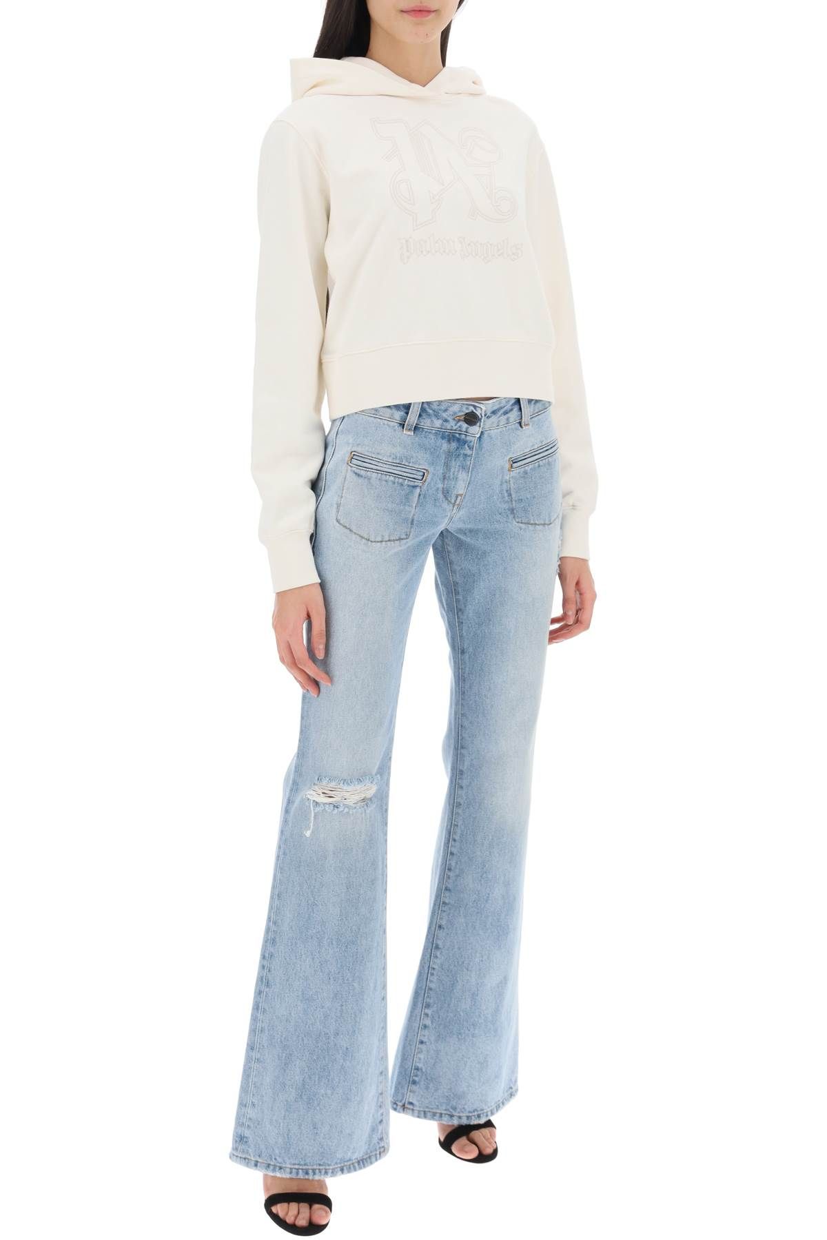 Shop Palm Angels Cropped Hoodie With Monogram Embroidery In White,neutro