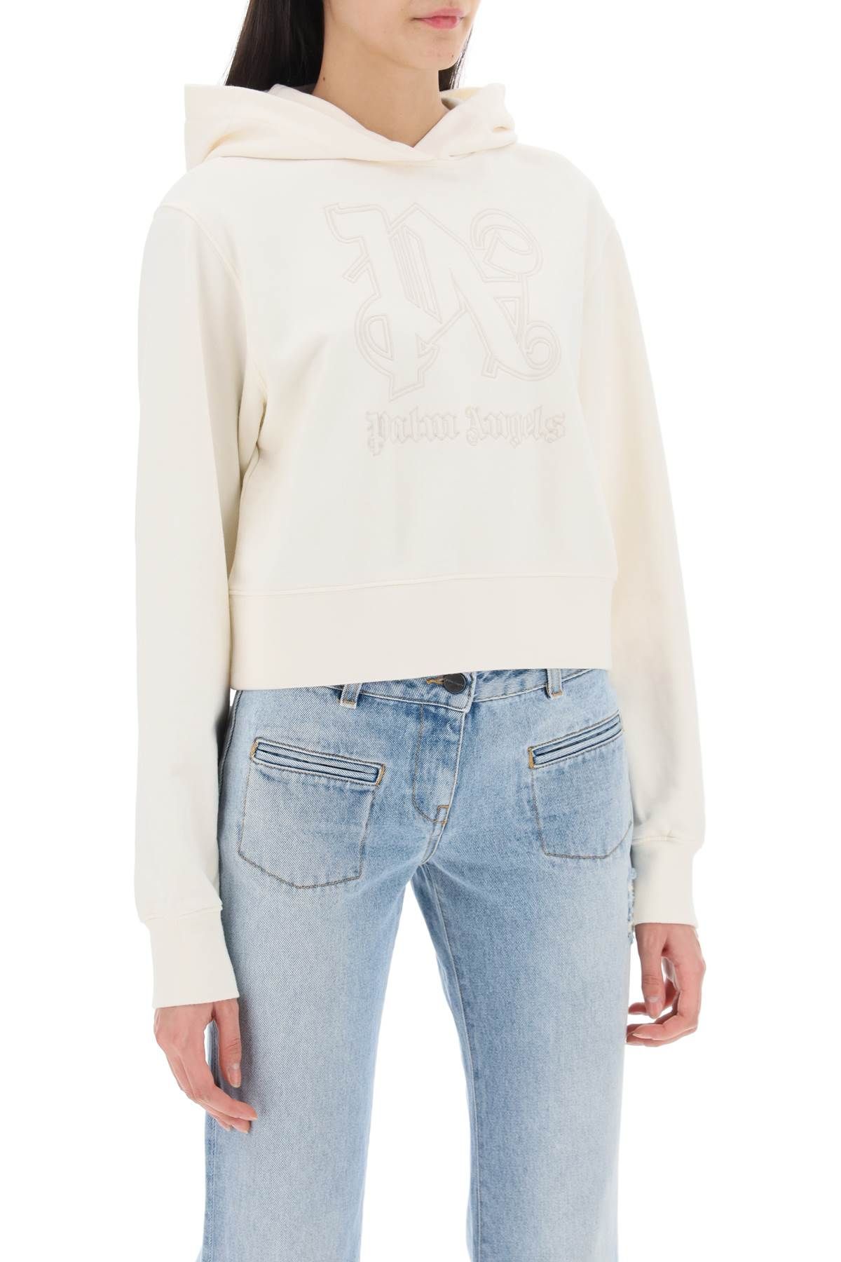 Shop Palm Angels Cropped Hoodie With Monogram Embroidery In White,neutro