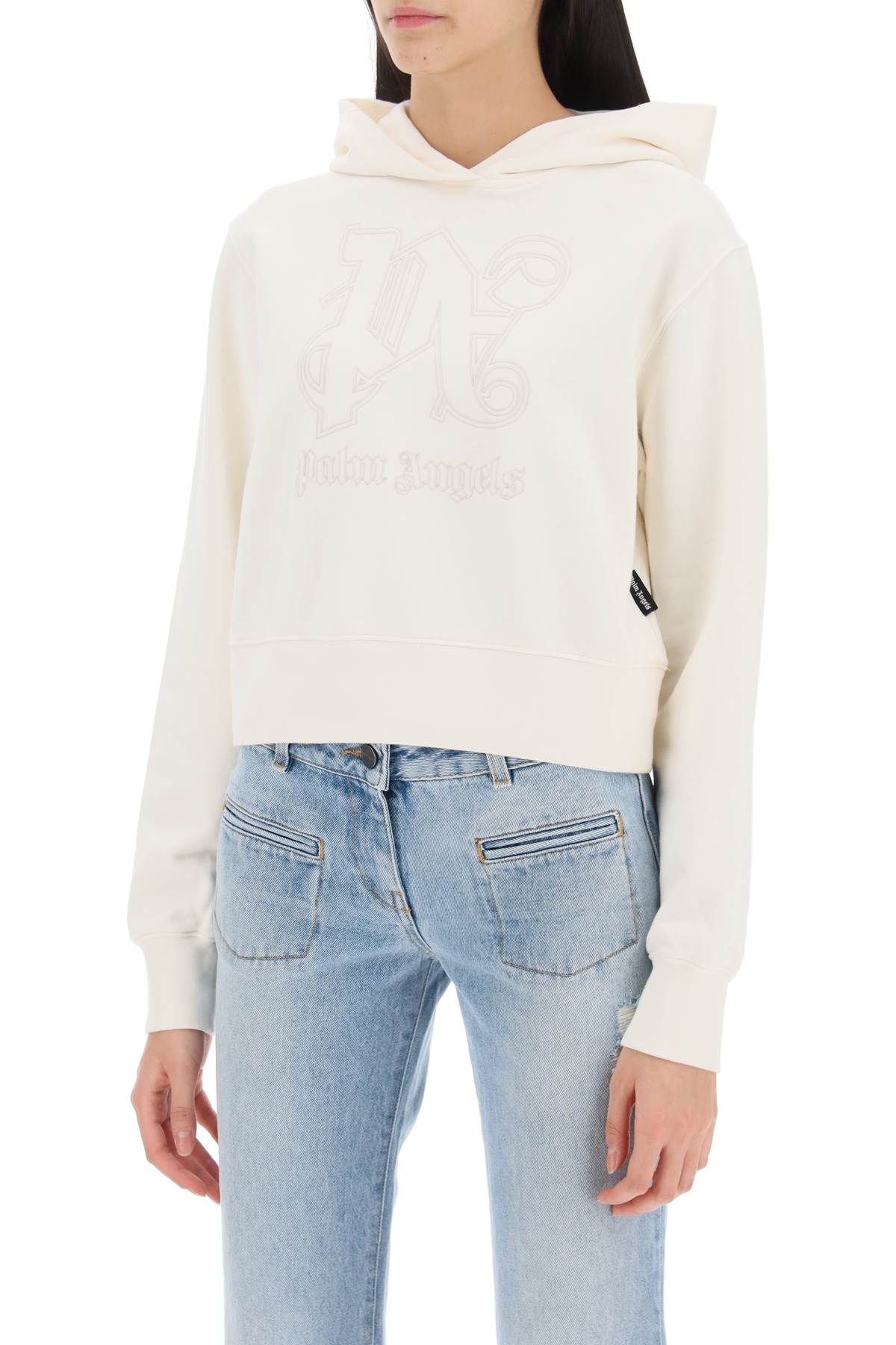 Shop Palm Angels Cropped Hoodie With Monogram Embroidery In White,neutro