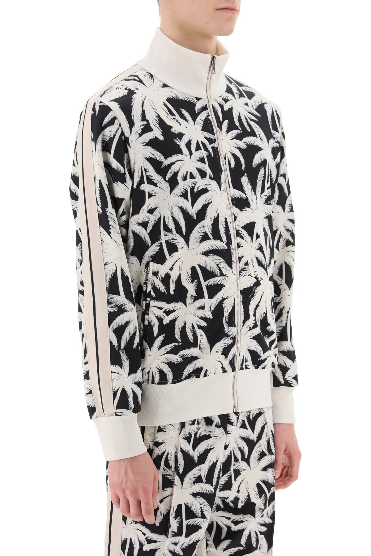 Shop Palm Angels Zip-up Sweatshirt With Palms Print In White,black,neutro