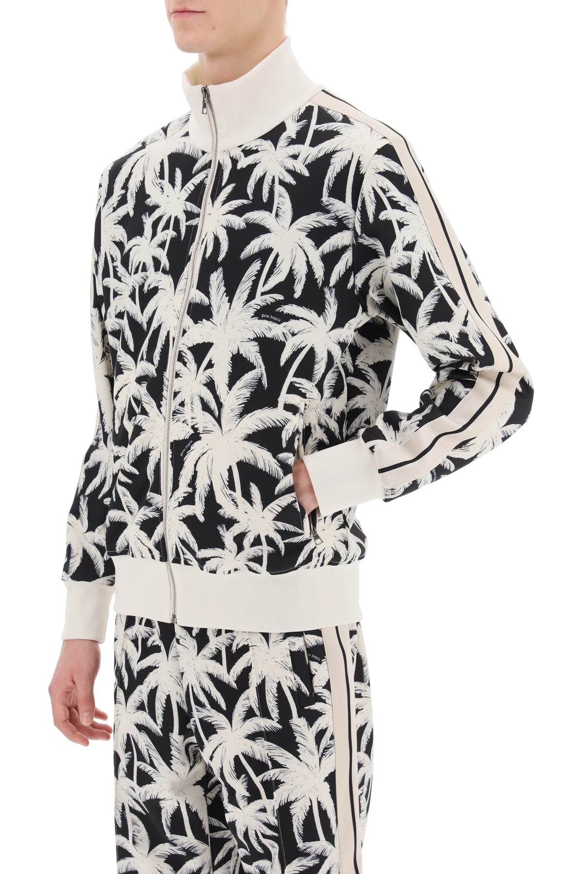 Shop Palm Angels Zip-up Sweatshirt With Palms Print In White,black,neutro