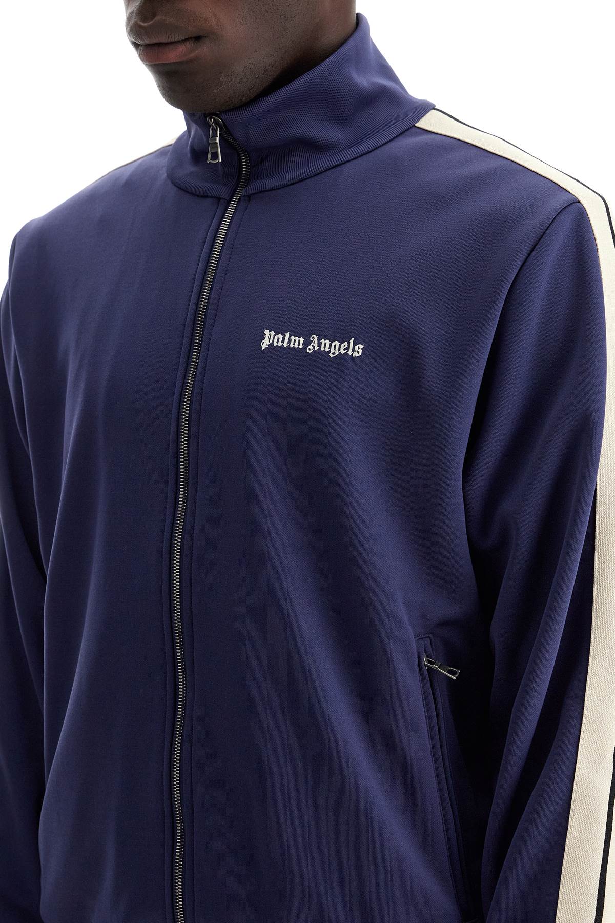 Shop Palm Angels Contrast Band Track Jacket With Nine Words In Blue