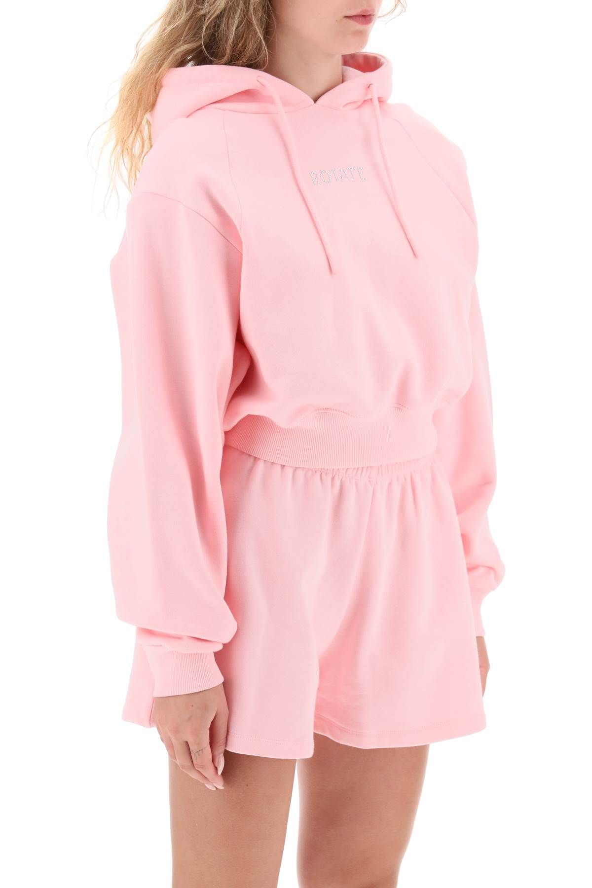 Shop Rotate Birger Christensen Cropped Hoodie With Rhinestone-studded Logo In Pink