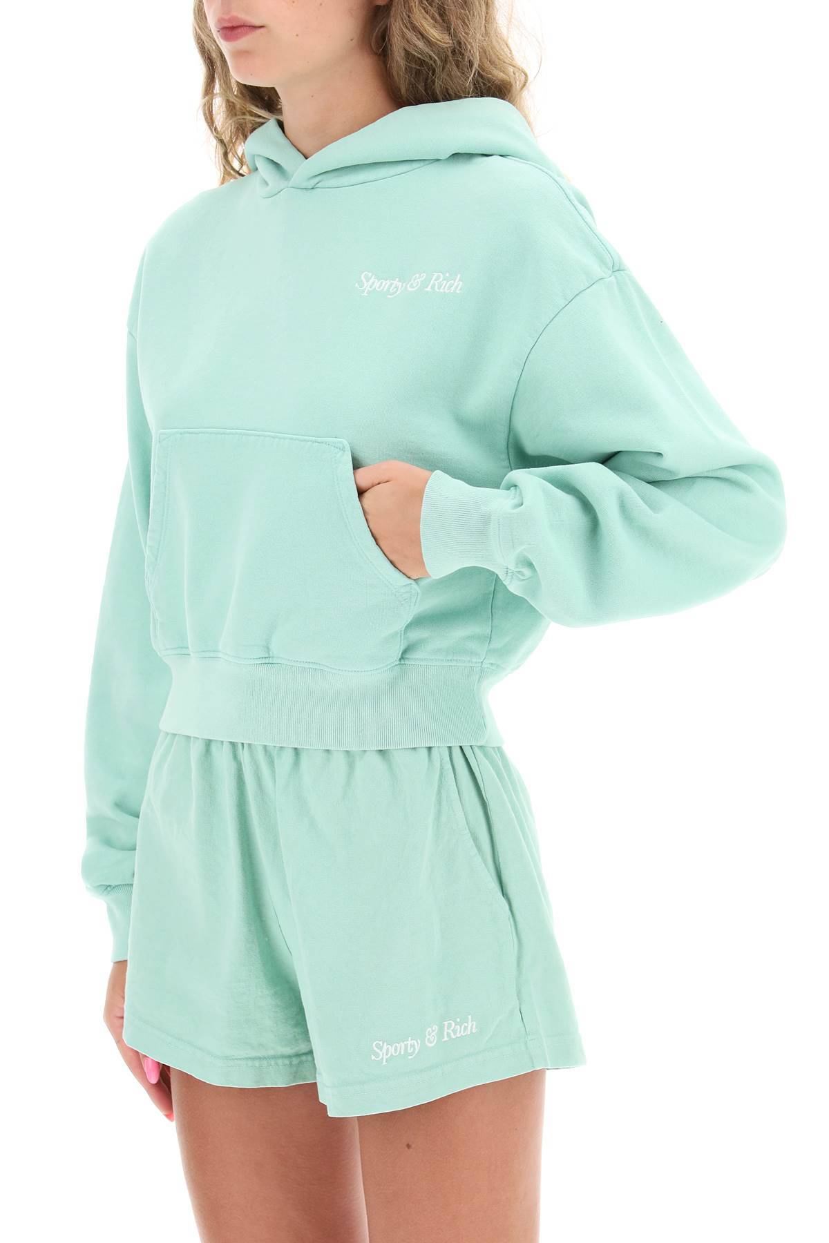 Shop Sporty And Rich 'italic Logo' Cropped Hoodie In Green