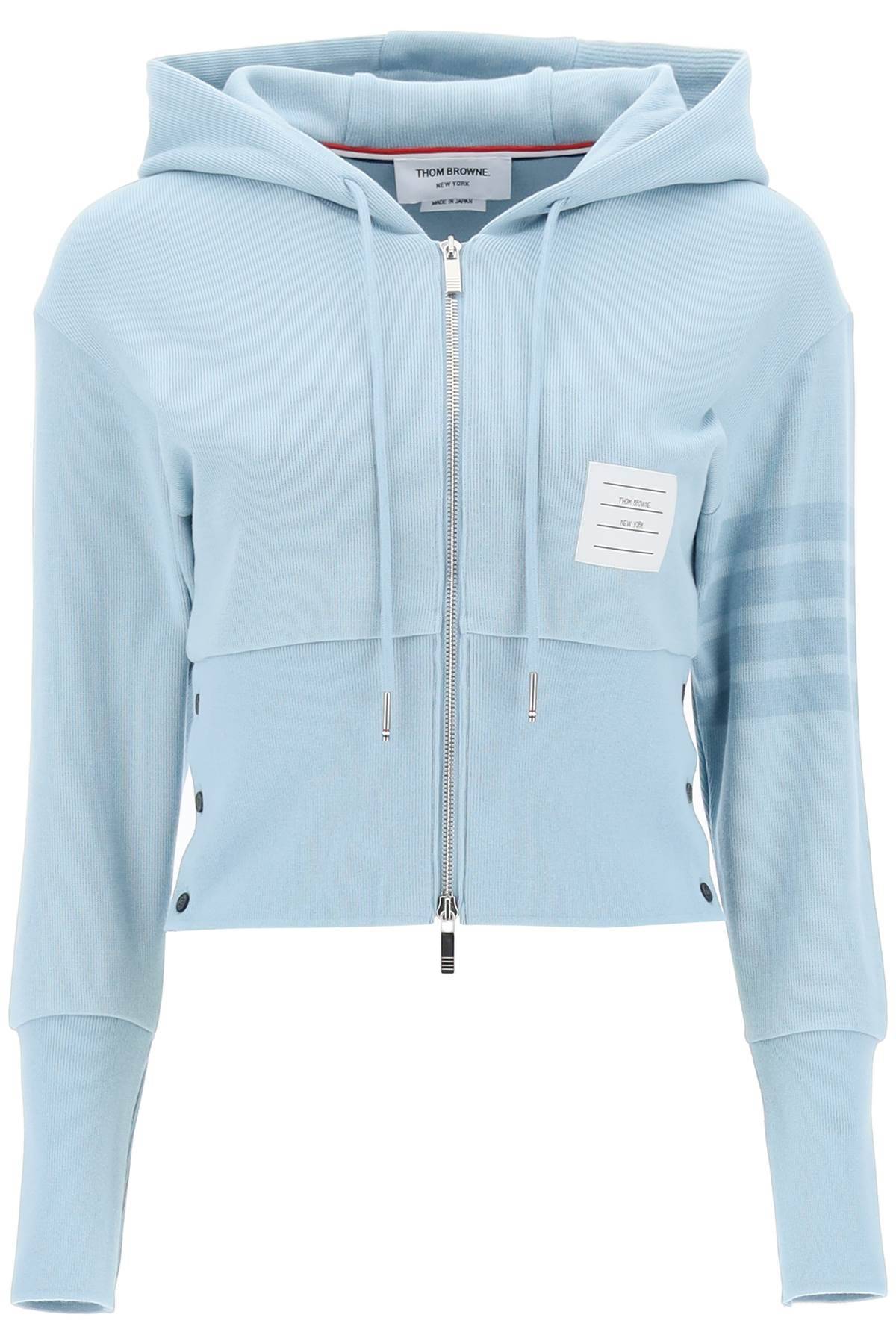 Shop Thom Browne 4-bar Knitted Cropped Hoodie In Light Blue