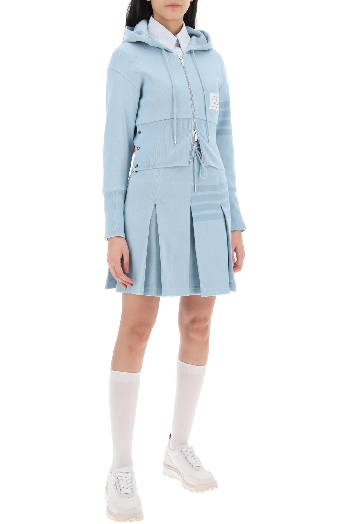 Shop Thom Browne 4-bar Knitted Cropped Hoodie In Light Blue