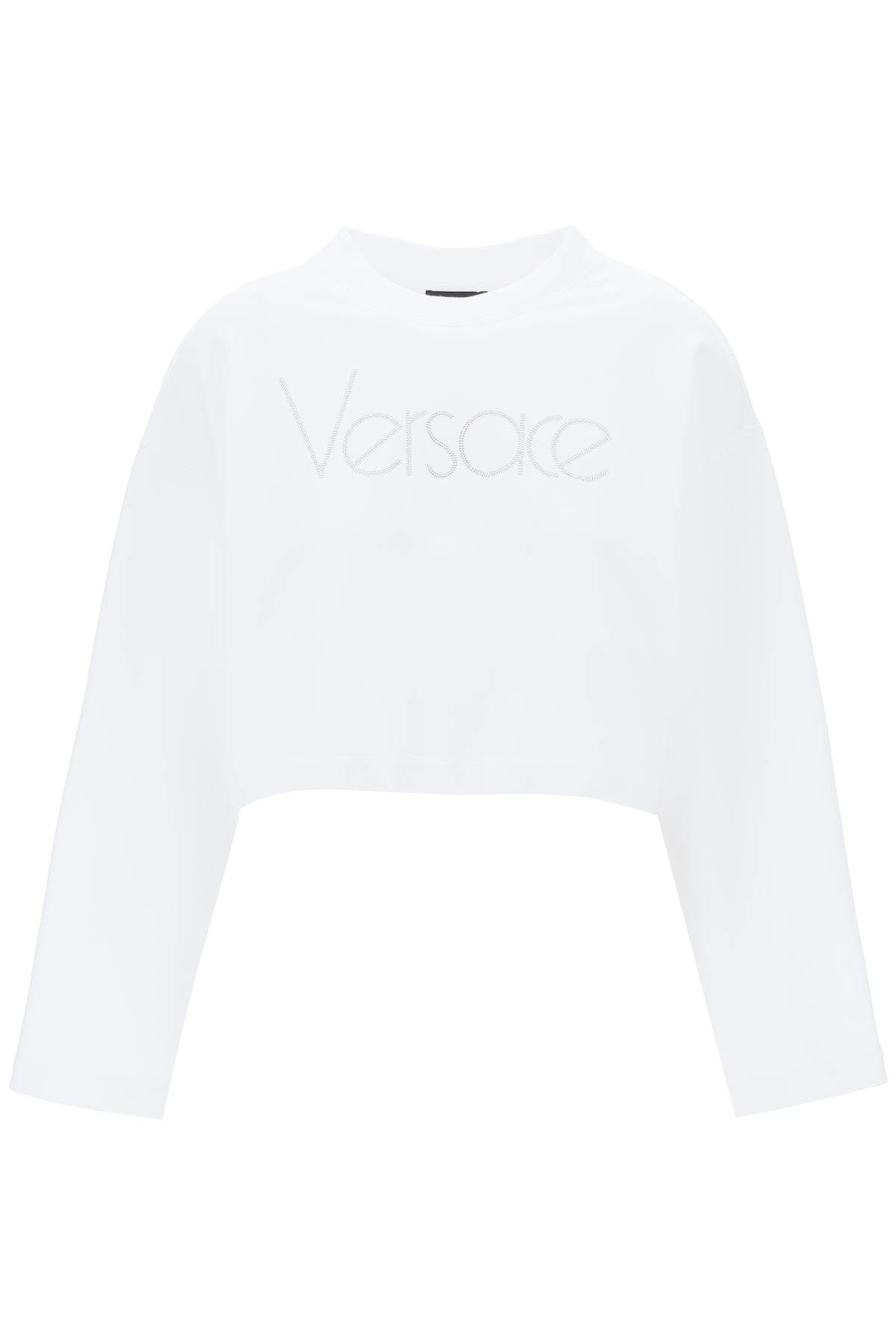 Shop Versace "cropped Sweatshirt With Rhinestone In White