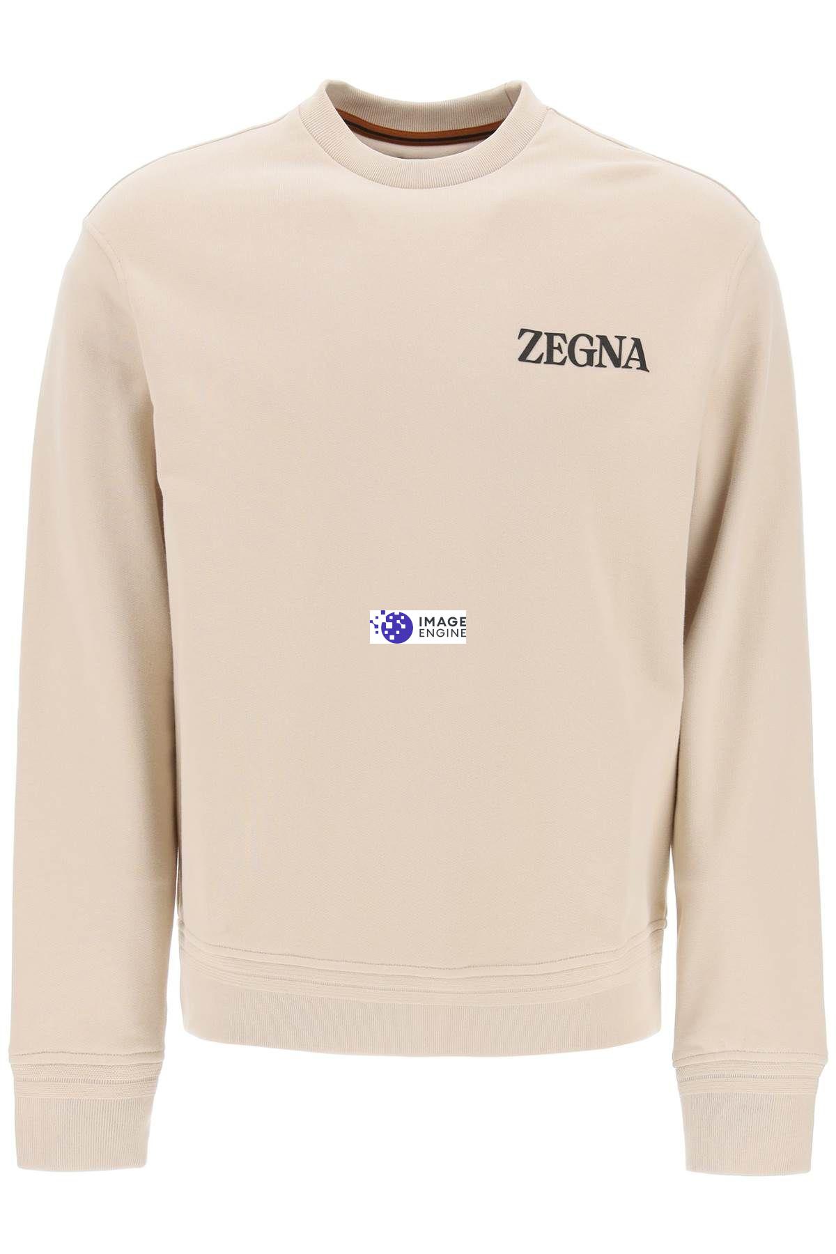 Shop Zegna Crewneck Sweatshirt With Rubberized Logo In Beige