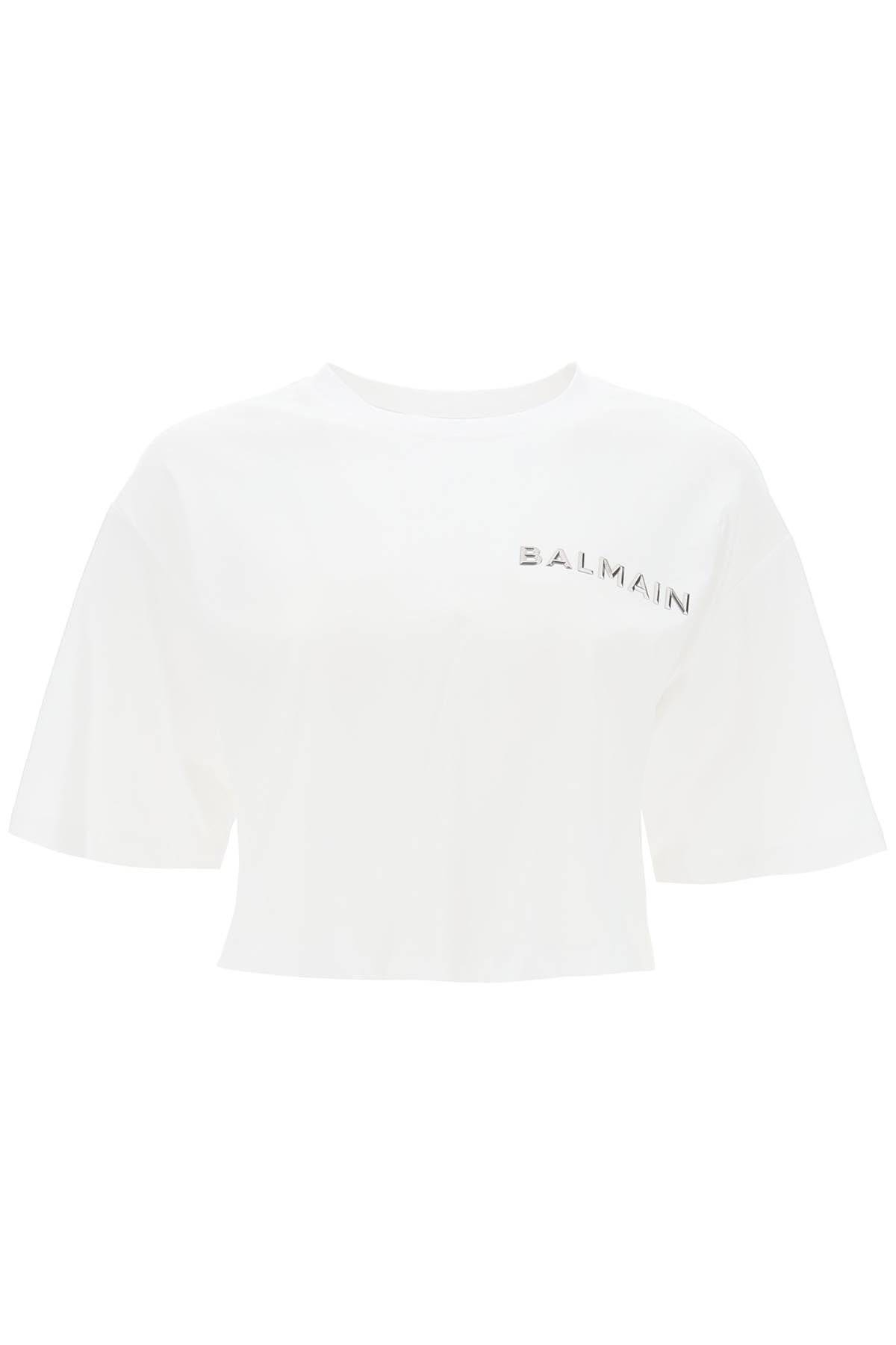 Shop Balmain Cropped T-shirt With Metallic Logo In White