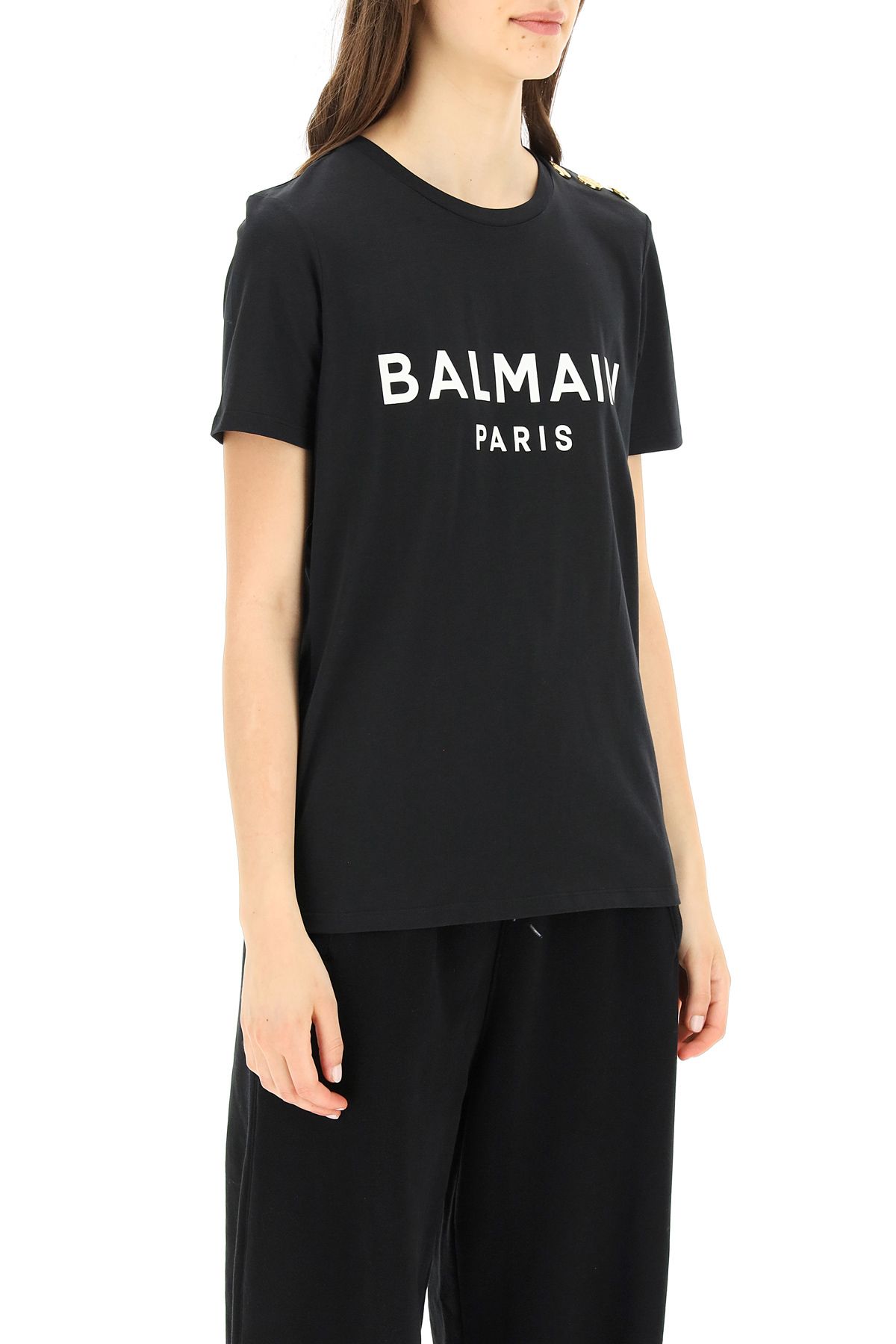Shop Balmain T-shirt With Logo Print And Embossed Buttons In Black