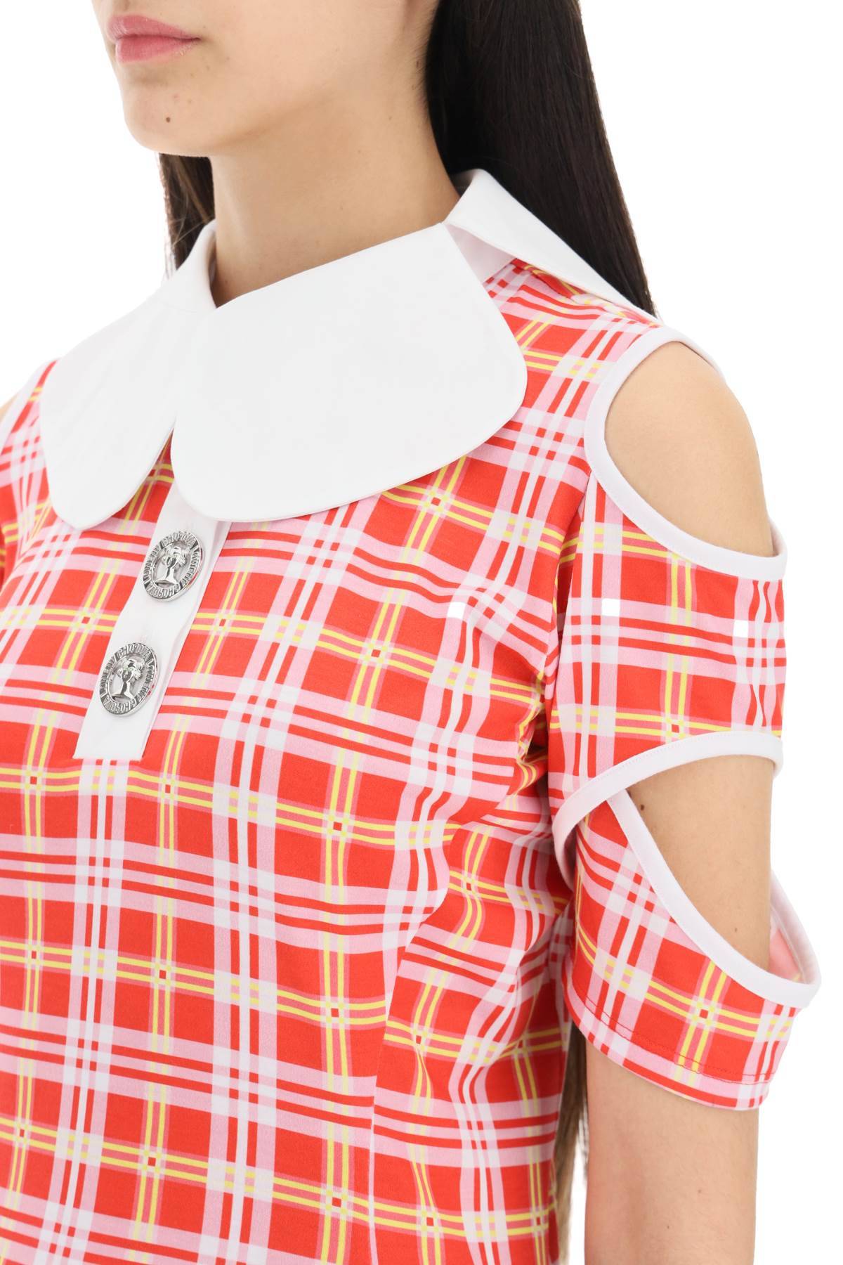 Shop Chopova Lowena Tartan Motif Cut-out Polo Shirt In Red,yellow,white