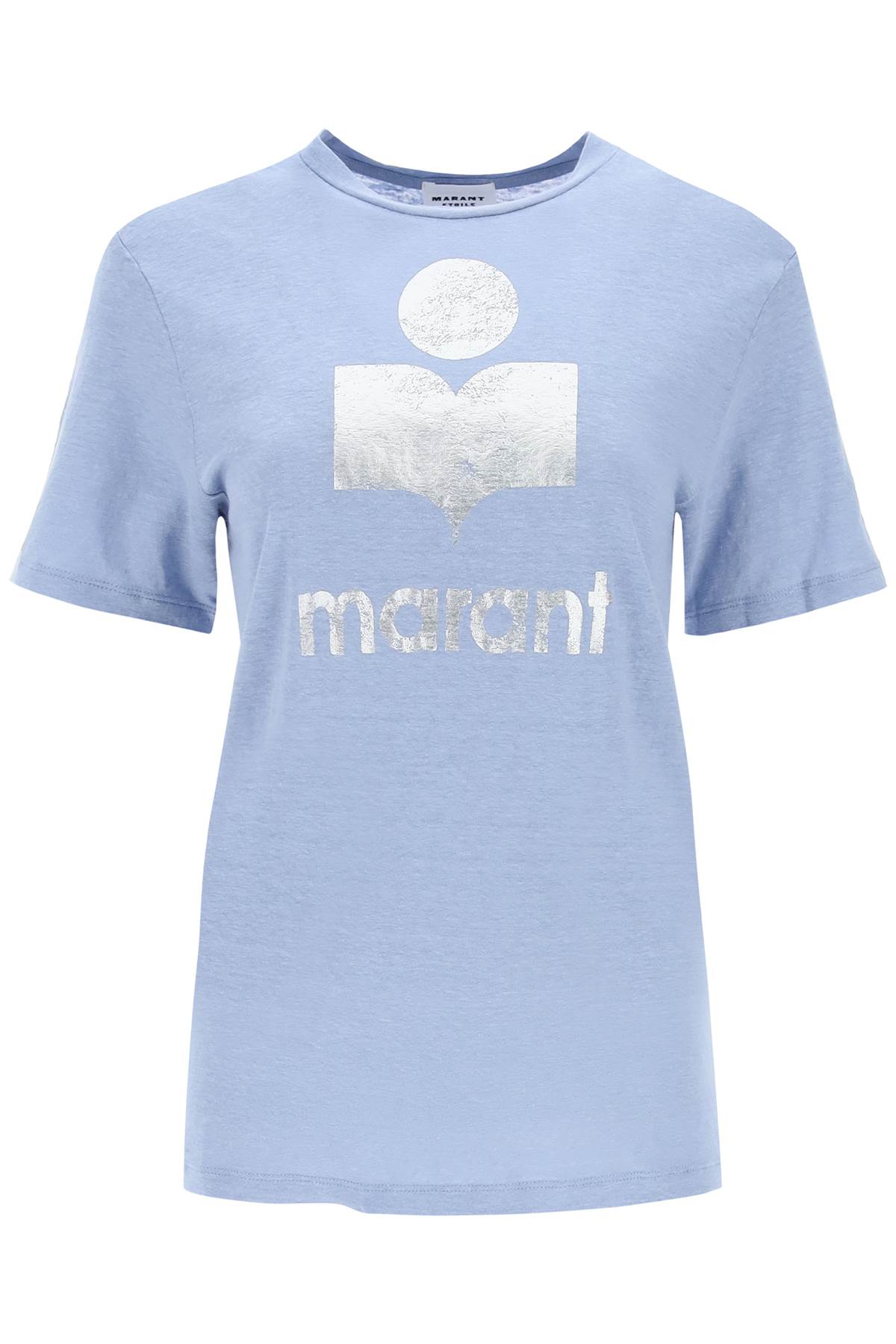 Shop Marant Etoile Zewel T-shirt With Metallic Logo Print In Silver,light Blue