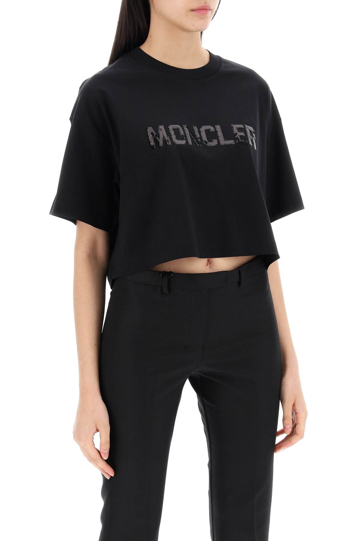 Shop Moncler Cropped T-shirt With Sequin Logo In Black