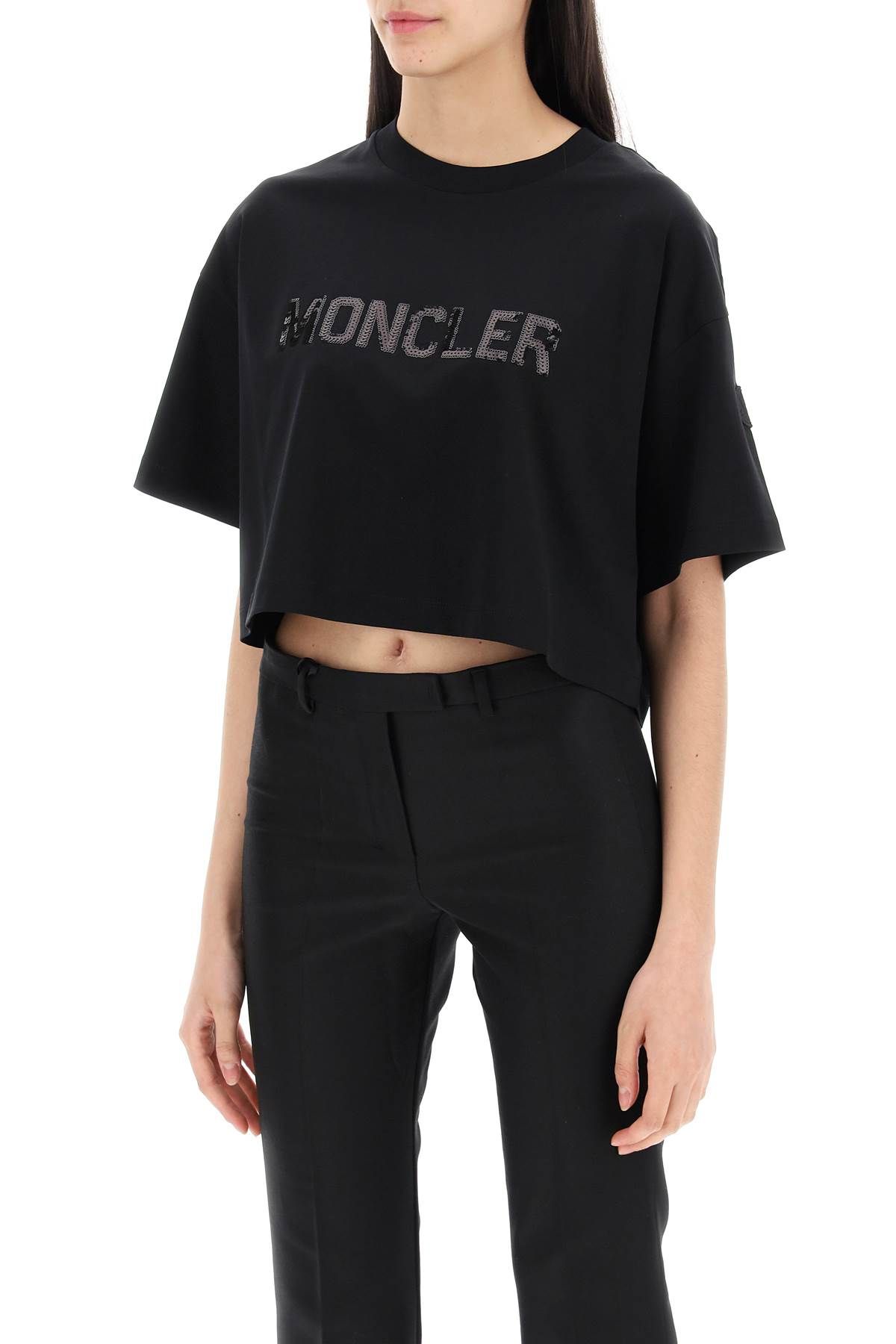 Shop Moncler Cropped T-shirt With Sequin Logo In Black