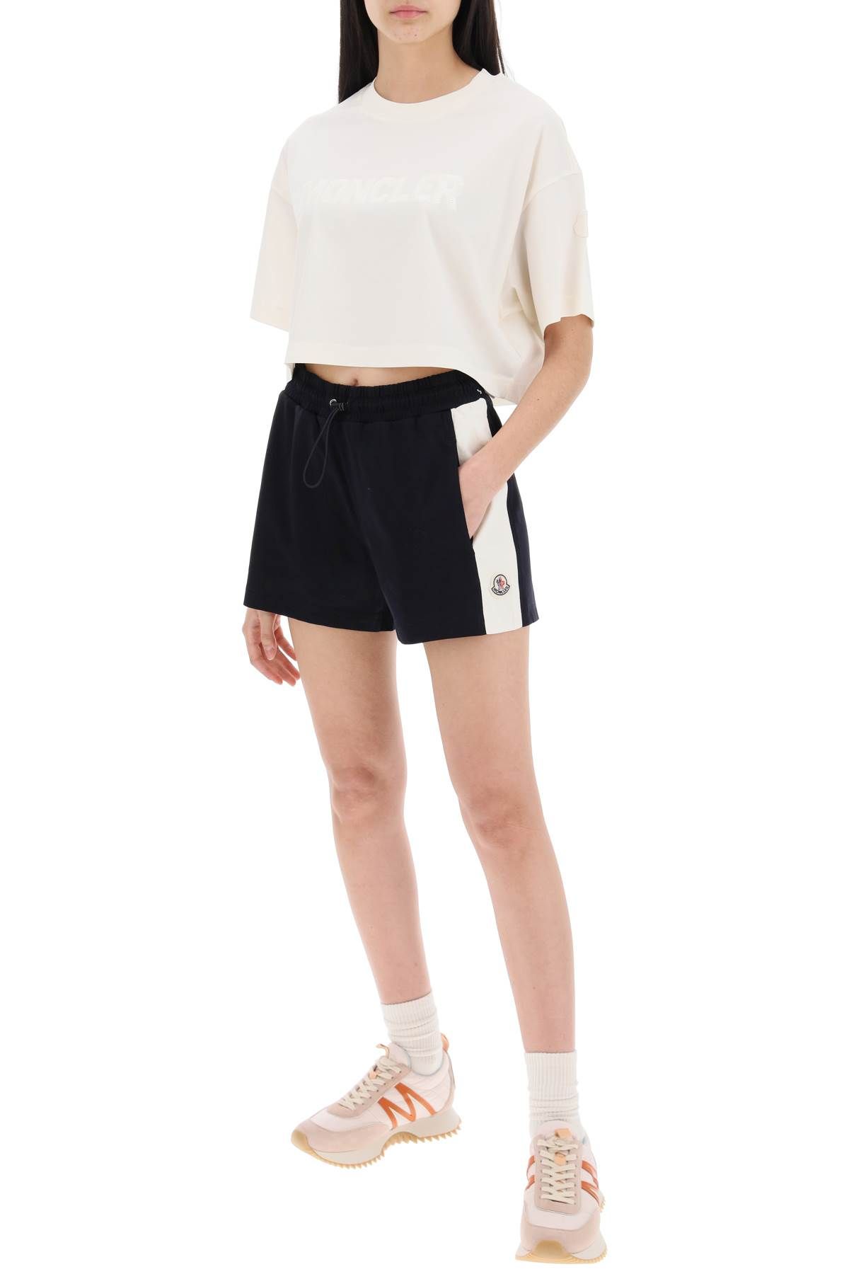 Shop Moncler Cropped T-shirt With Sequin Logo In White,neutro
