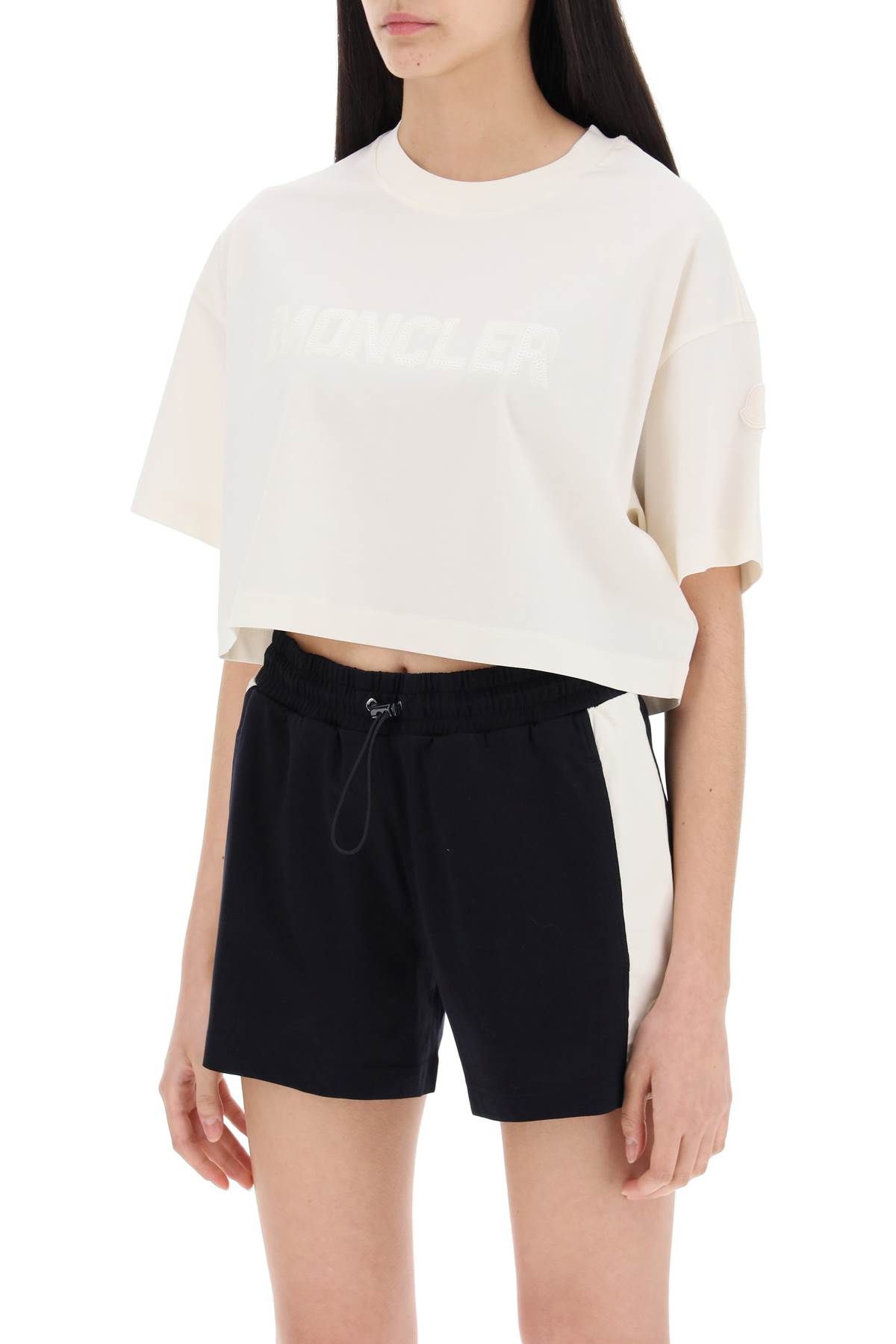 Shop Moncler Cropped T-shirt With Sequin Logo In White,neutro