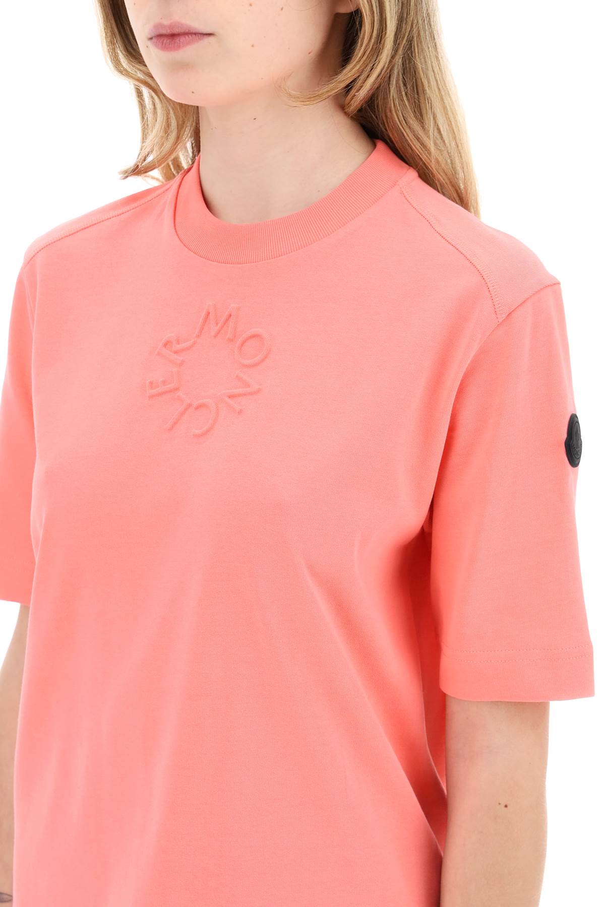 Shop Moncler Embossed Logo T-shirt In Pink