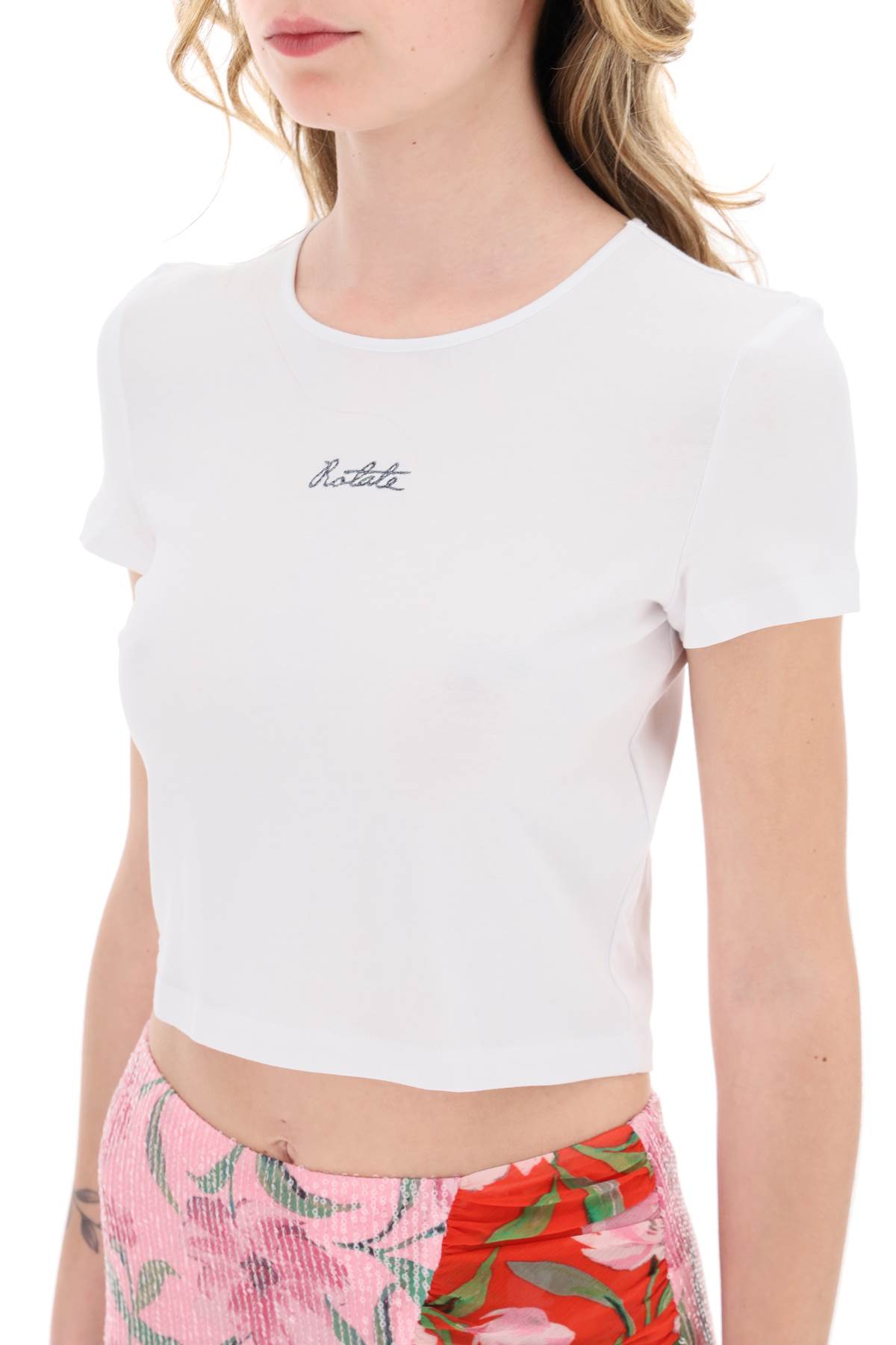 Shop Rotate Birger Christensen Cropped T-shirt With Embroidered Lurex Logo In White