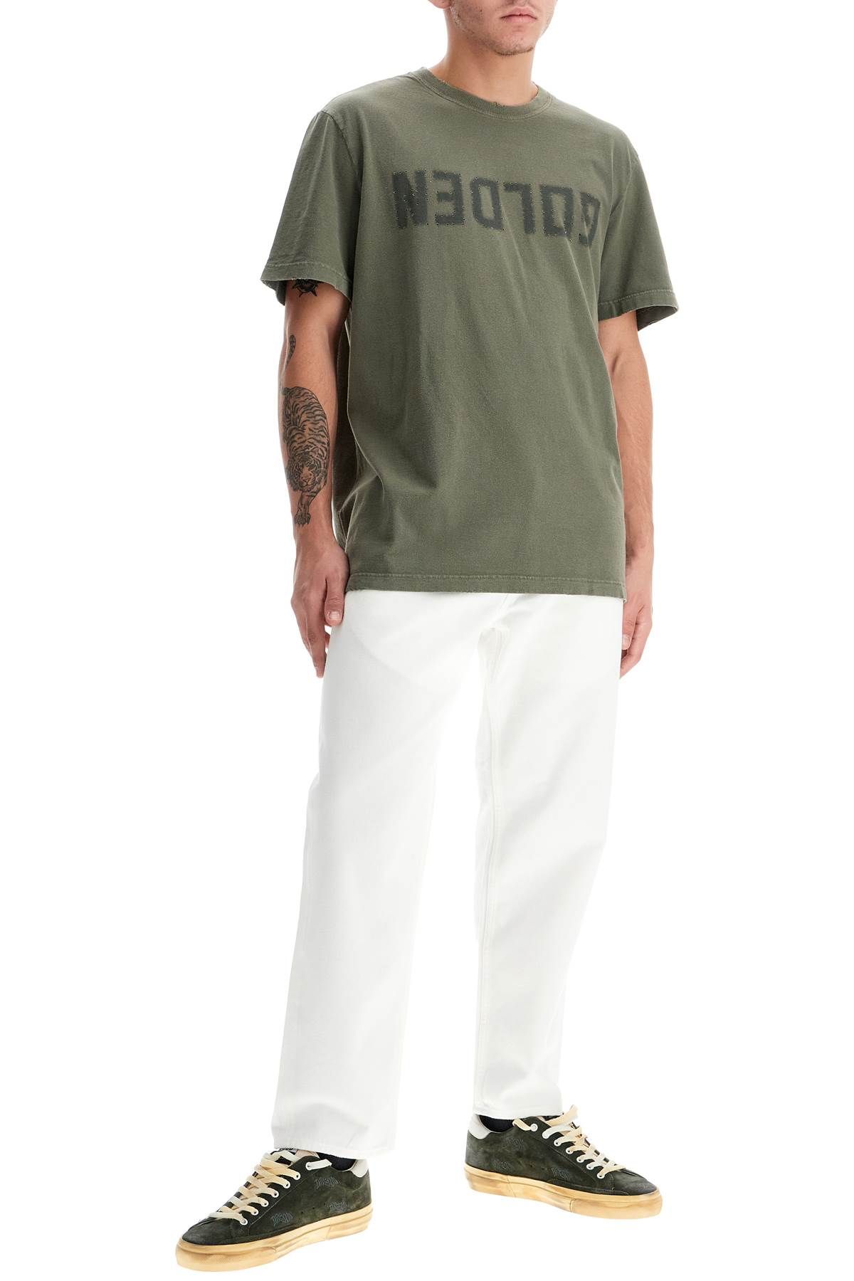 Shop Golden Goose Distressed Logo Regular T-shirt In Green