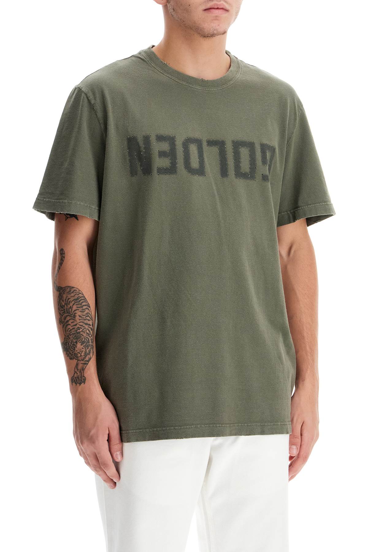 Shop Golden Goose Distressed Logo Regular T-shirt In Green