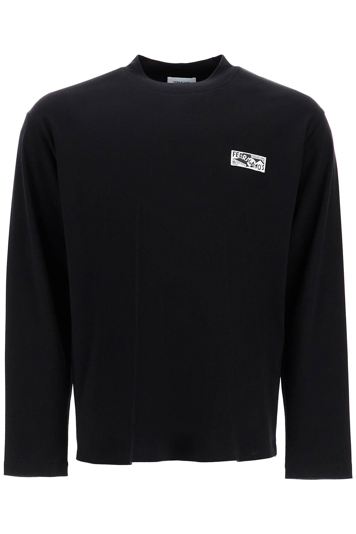 Ferragamo Long-sleeved Cotton And Silk T-shirt For In Black