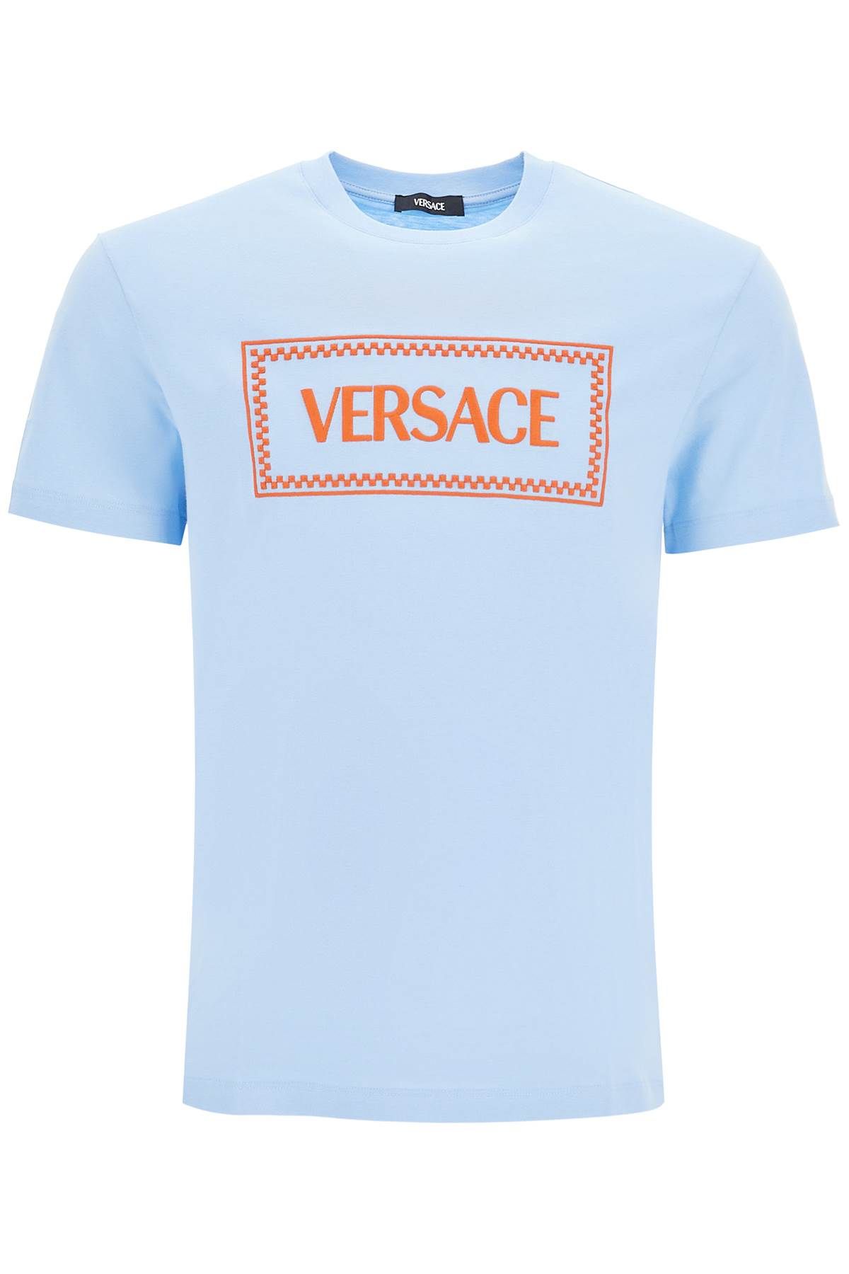 Shop Versace Embroidered Logo T-shirt In Light Blue