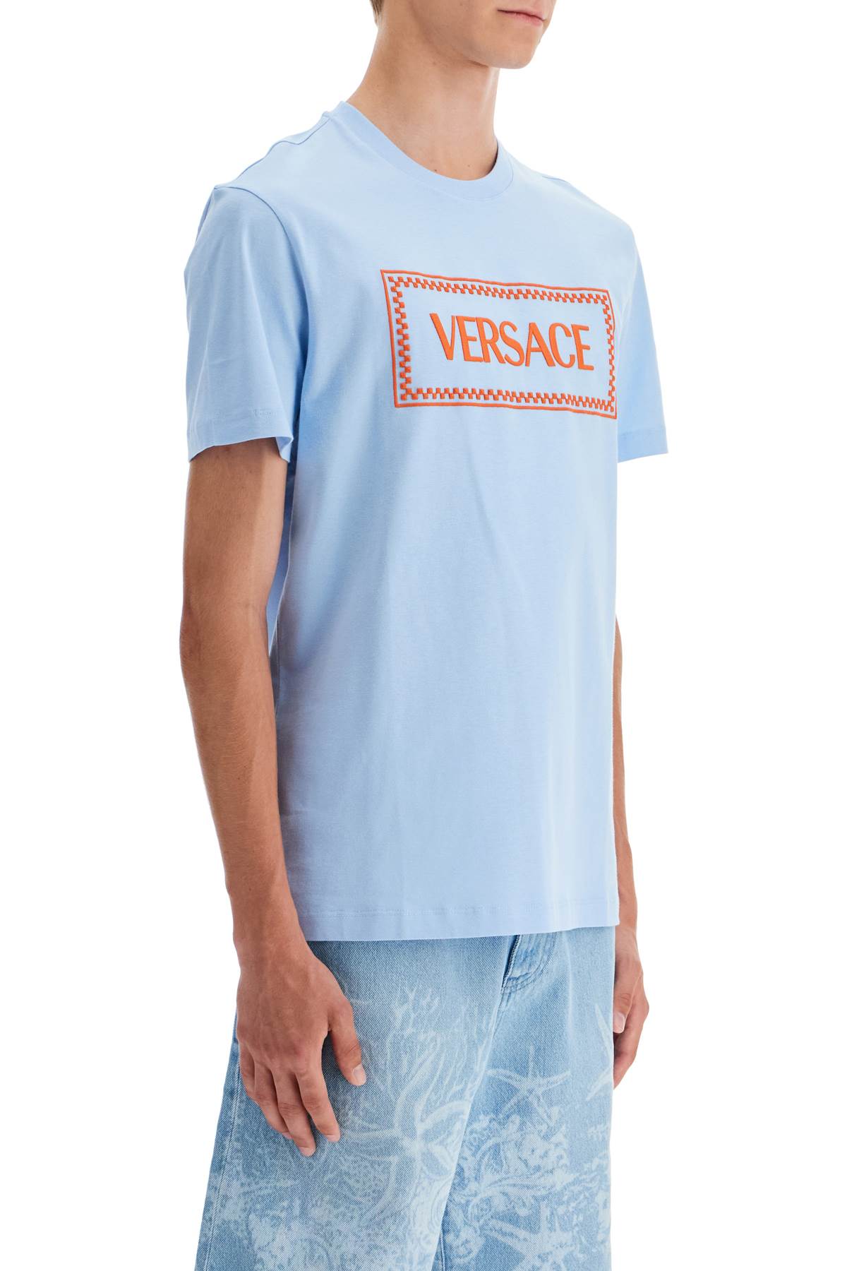 Shop Versace Embroidered Logo T-shirt In Light Blue