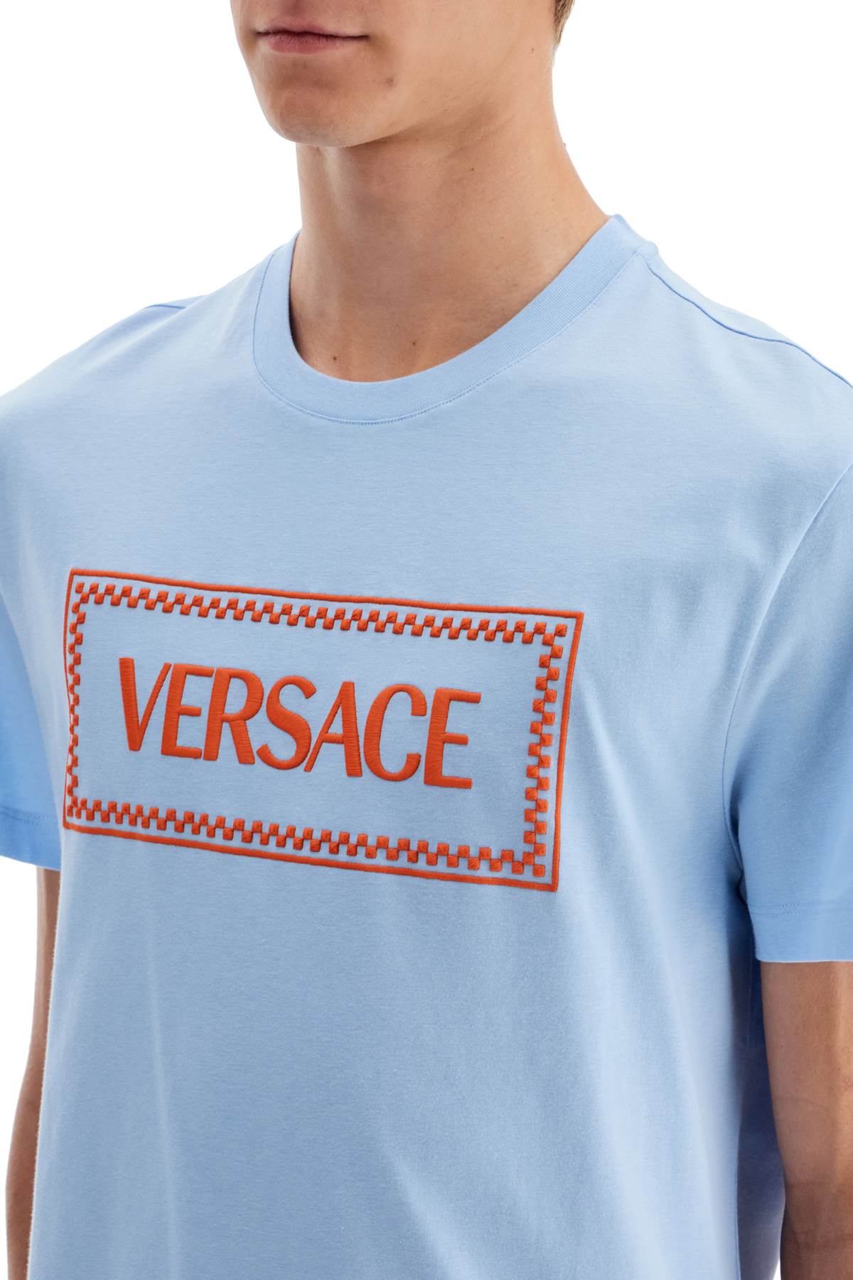 Shop Versace Embroidered Logo T-shirt In Light Blue