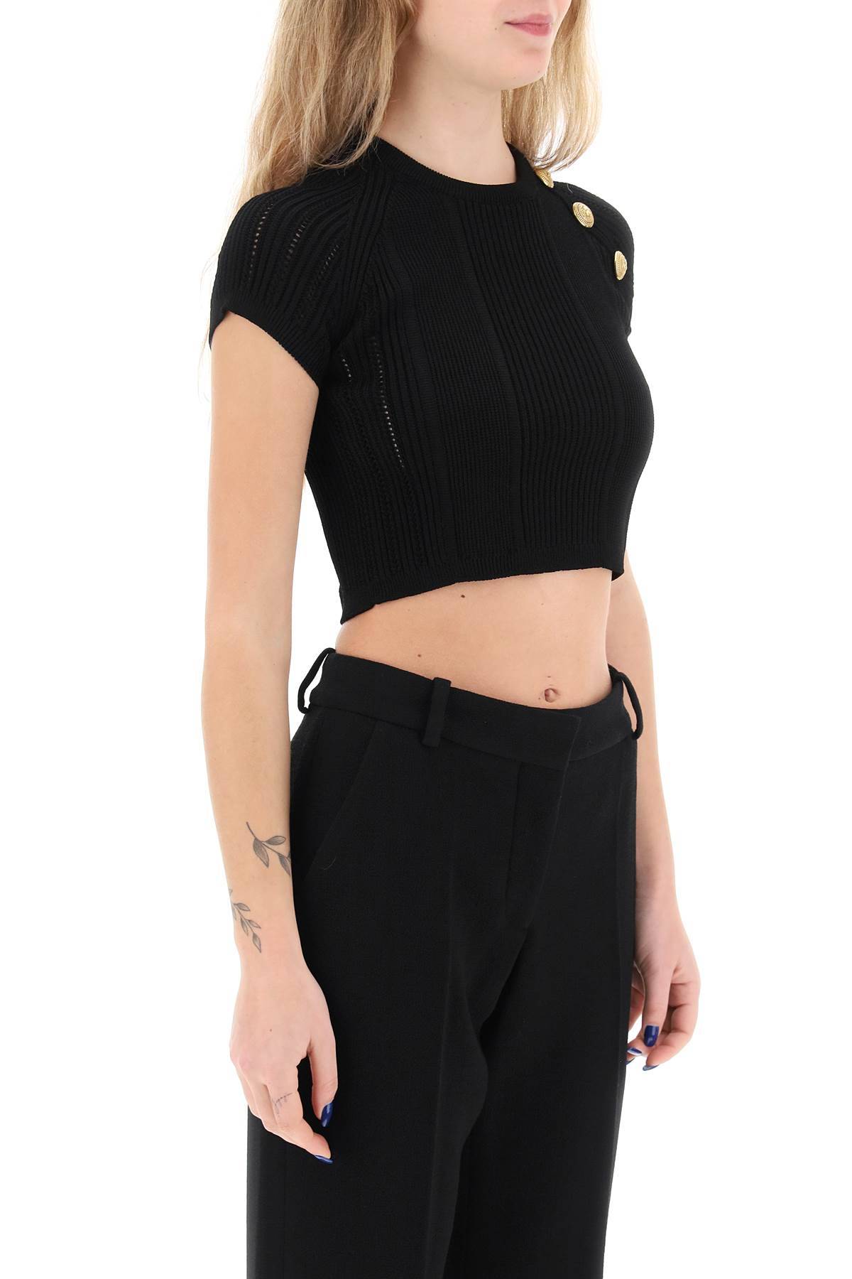 Shop Balmain Knitted Cropped Top With Embossed Buttons In Black