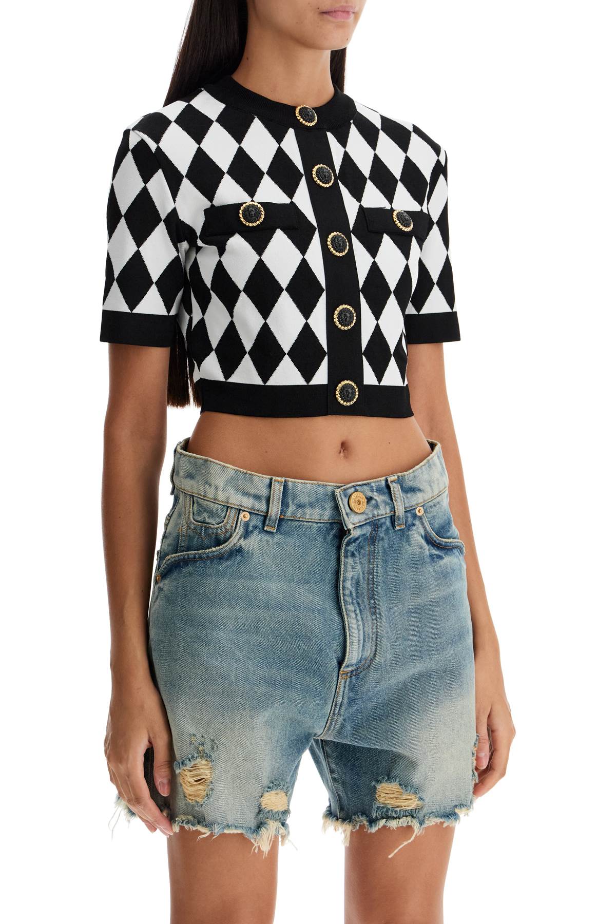 Shop Balmain 'jacquard Diamond Pattern Knit Crop Top In Black