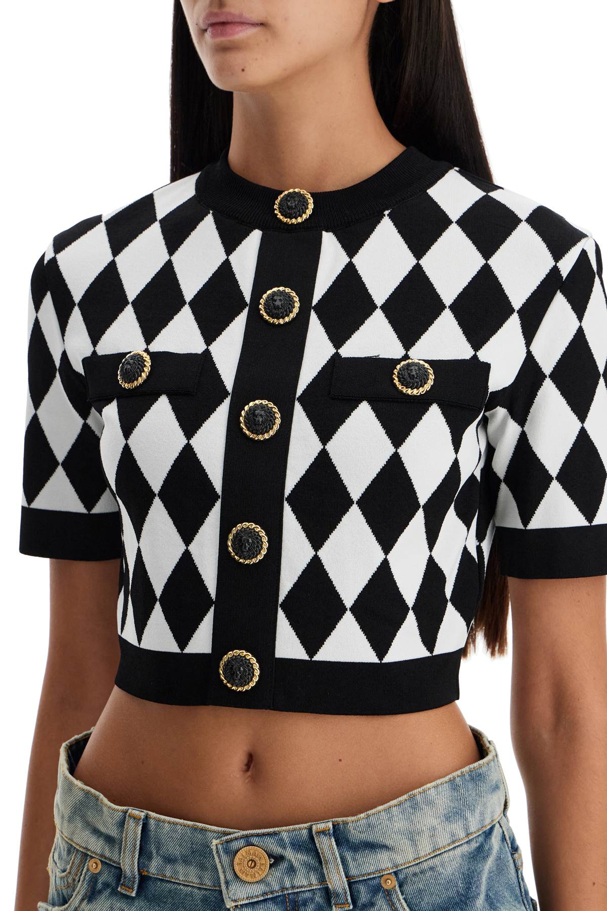 Shop Balmain 'jacquard Diamond Pattern Knit Crop Top In Black